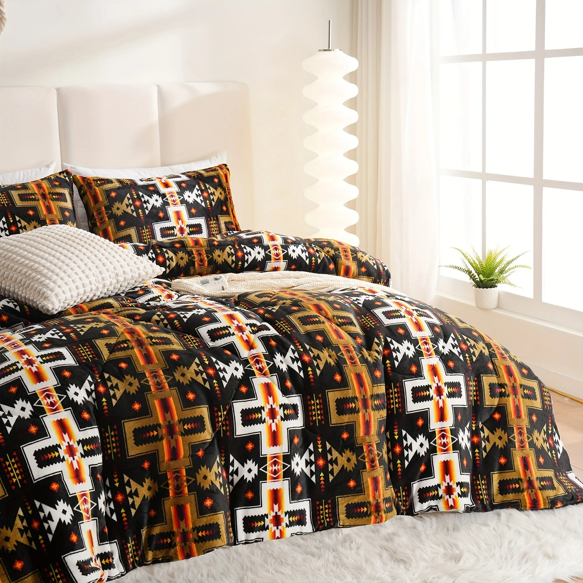 3pcs Fashion Fleece Flannel Comforter Set (1*Comforter + 2*Pillowcase, Without Core), Southwestern Style Geometric Print Bedding