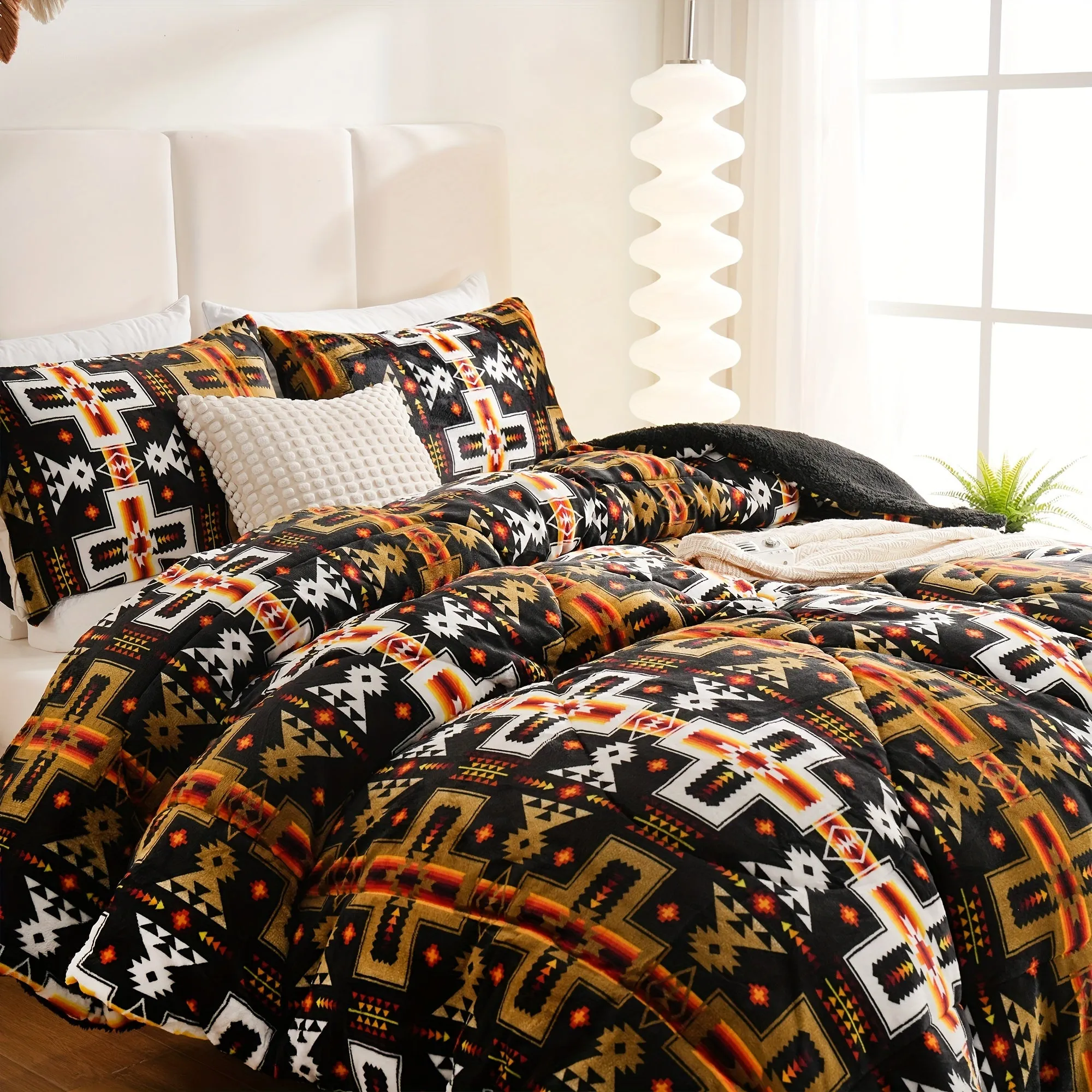 3pcs Fashion Fleece Flannel Comforter Set (1*Comforter + 2*Pillowcase, Without Core), Southwestern Style Geometric Print Bedding