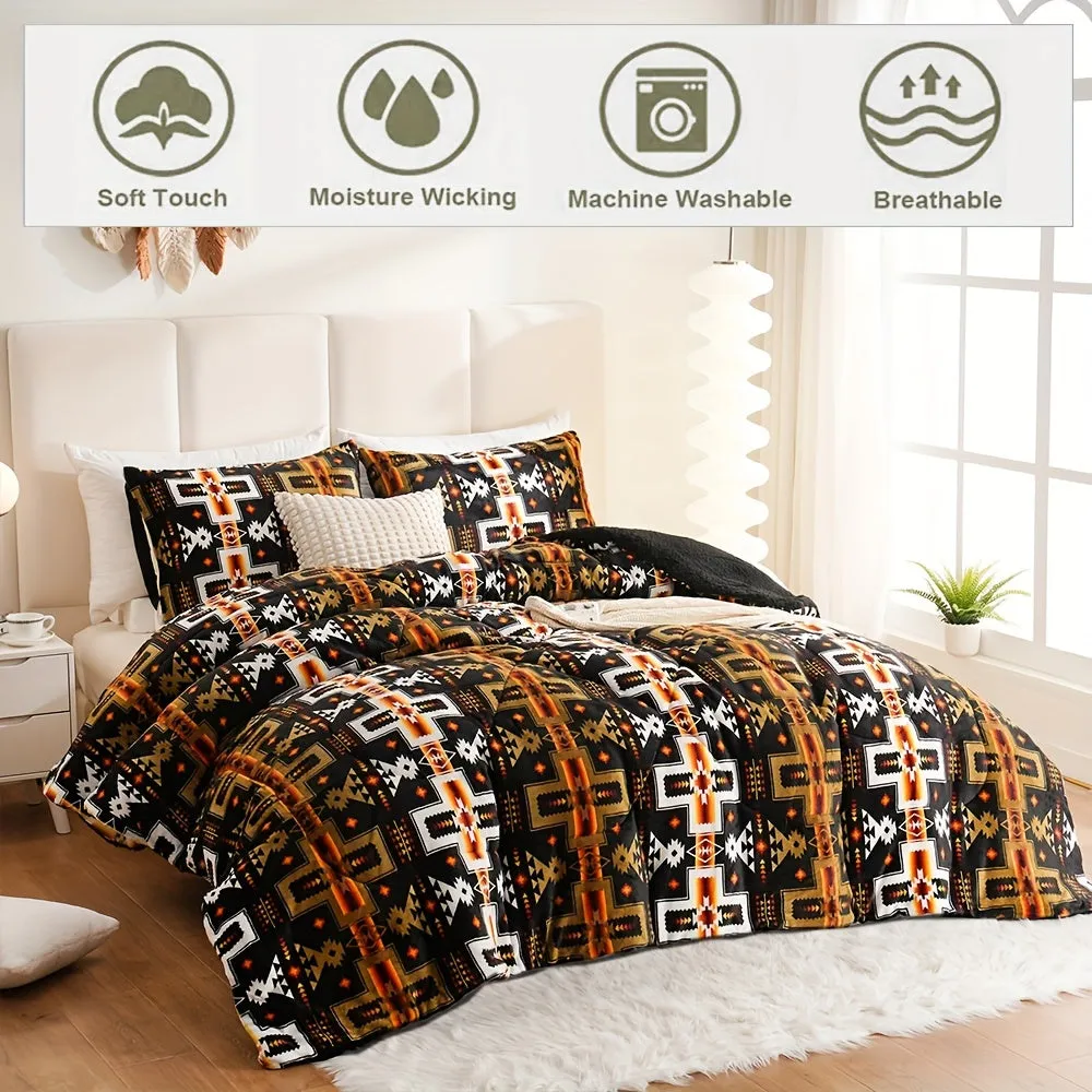 3pcs Fashion Fleece Flannel Comforter Set (1*Comforter + 2*Pillowcase, Without Core), Southwestern Style Geometric Print Bedding