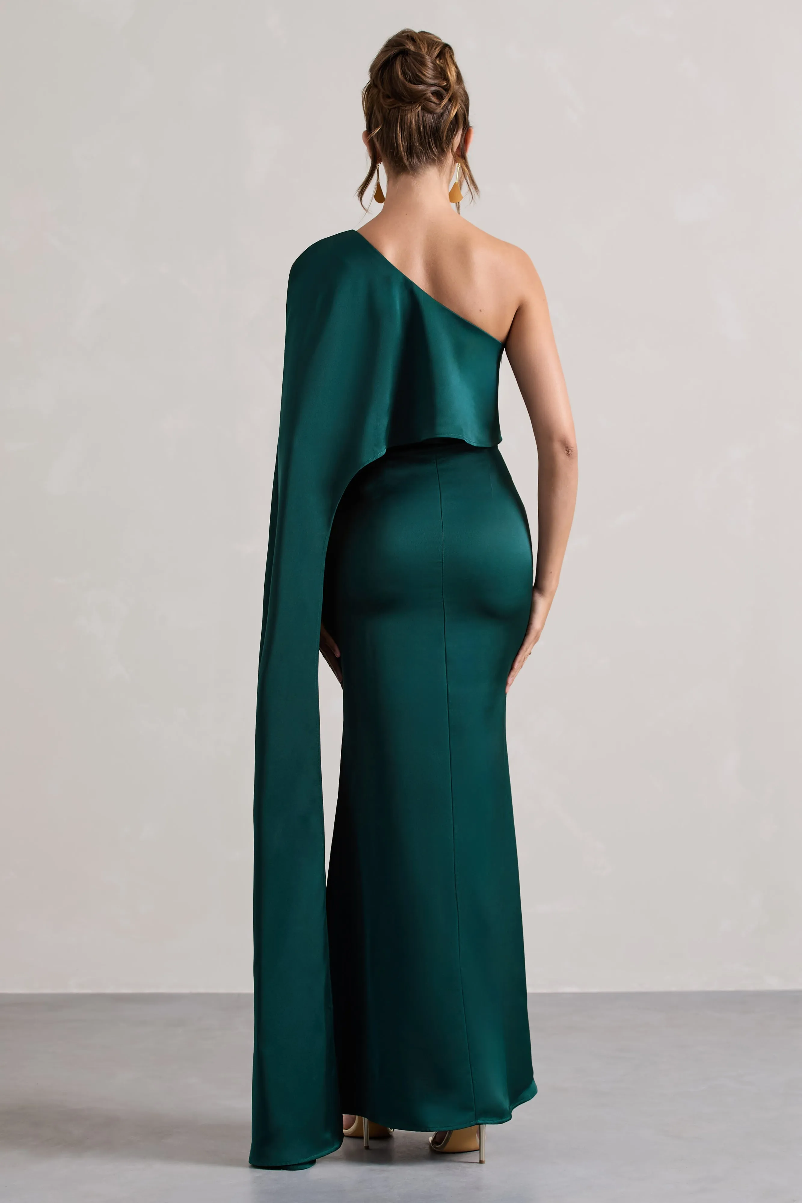 Amora | Bottle Green Satin Asymmetric Cape-Sleeve Split Maxi Dress