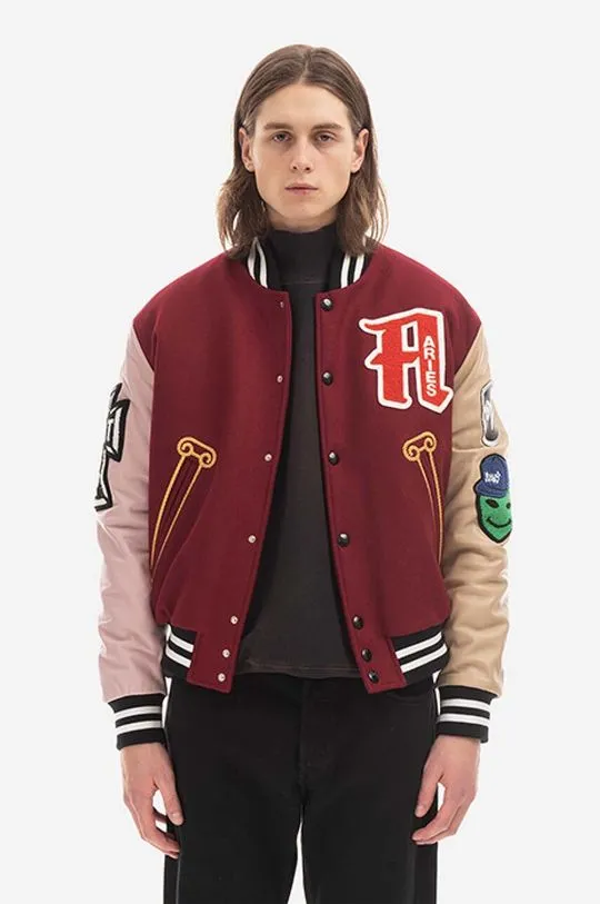 Aries bomber jacket men's maroon color  Aries Varsity Jacket AR70200 BURGUNDY