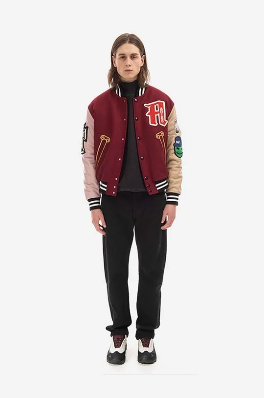 Aries bomber jacket men's maroon color  Aries Varsity Jacket AR70200 BURGUNDY