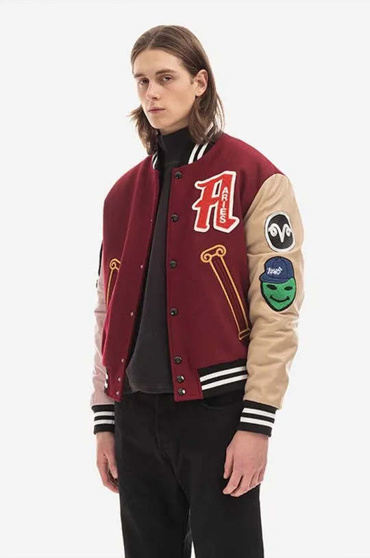 Aries bomber jacket men's maroon color  Aries Varsity Jacket AR70200 BURGUNDY