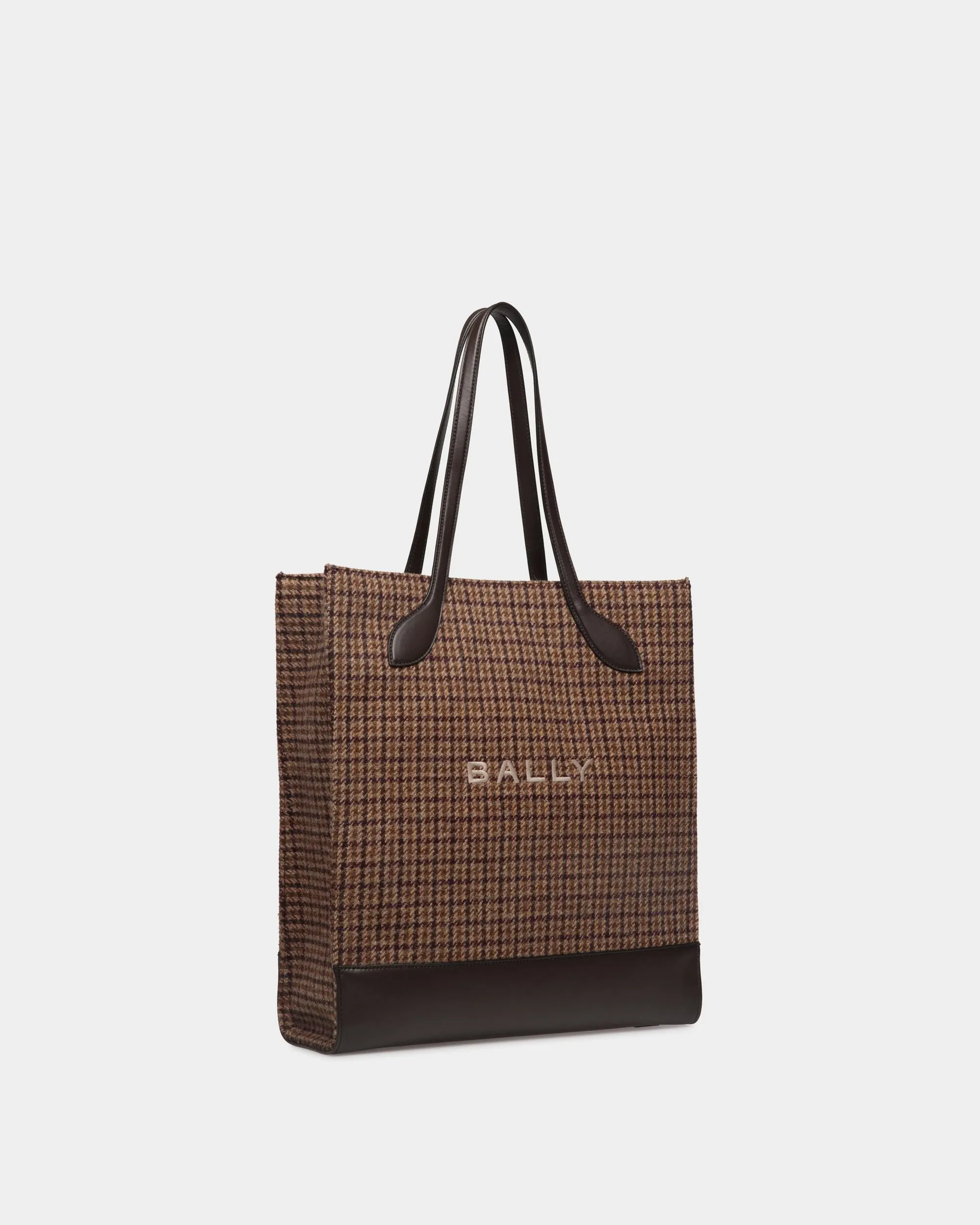 Bar Tote Bag in Multibrown Check Wool And Leather 