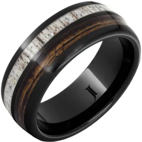 Barrel Aged Black Diamond Ceramic Ring with Bourbon Barrel Wood and Antler Inlays Satin