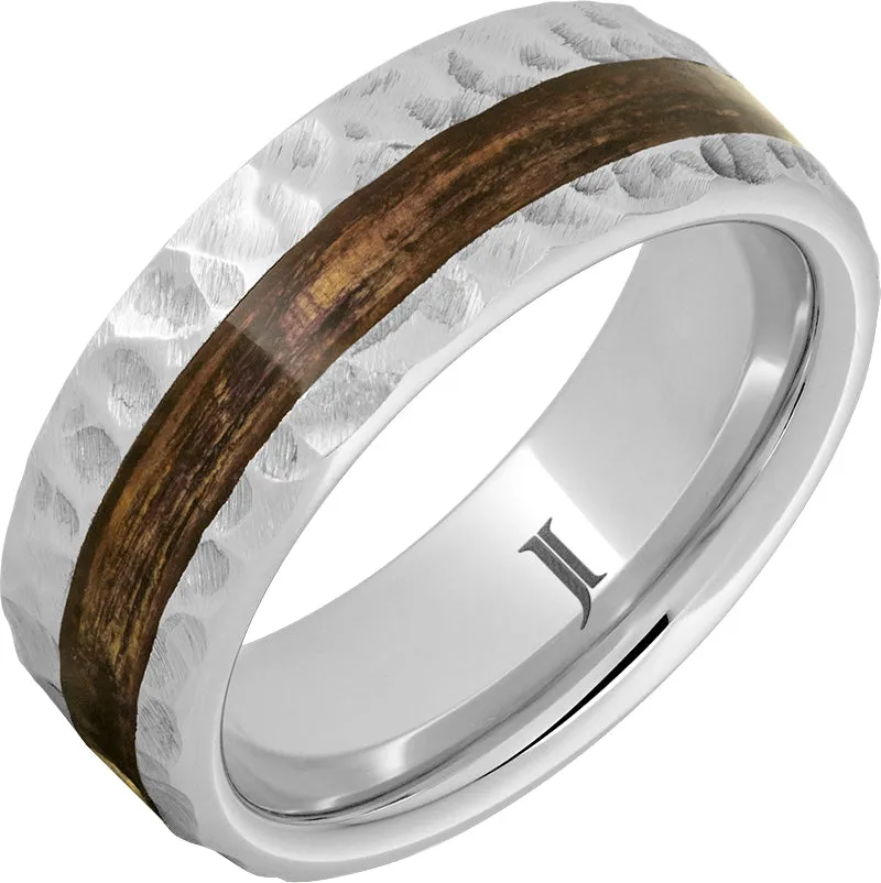 Barrel Aged Serinium Ring with Bourbon Wood Inlay and Moon Crater Carving