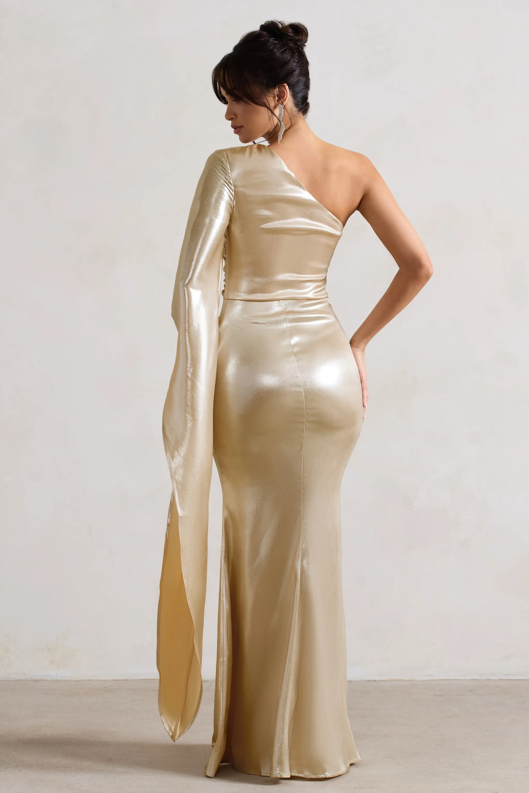 Bex | Champagne One Shoulder Cape Maxi Dress with Ruched Waist and Thigh Split