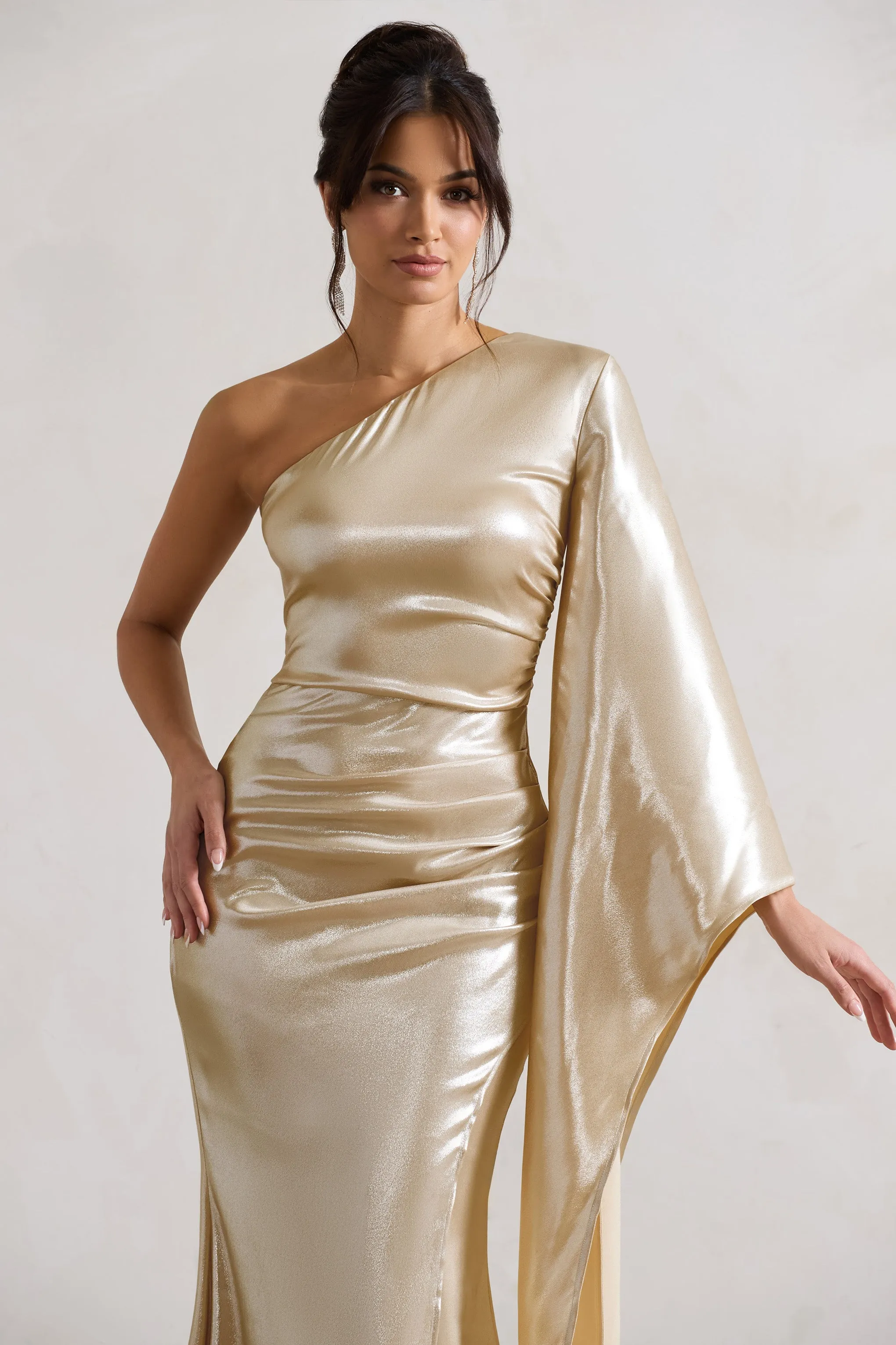 Bex | Champagne One Shoulder Cape Maxi Dress with Ruched Waist and Thigh Split