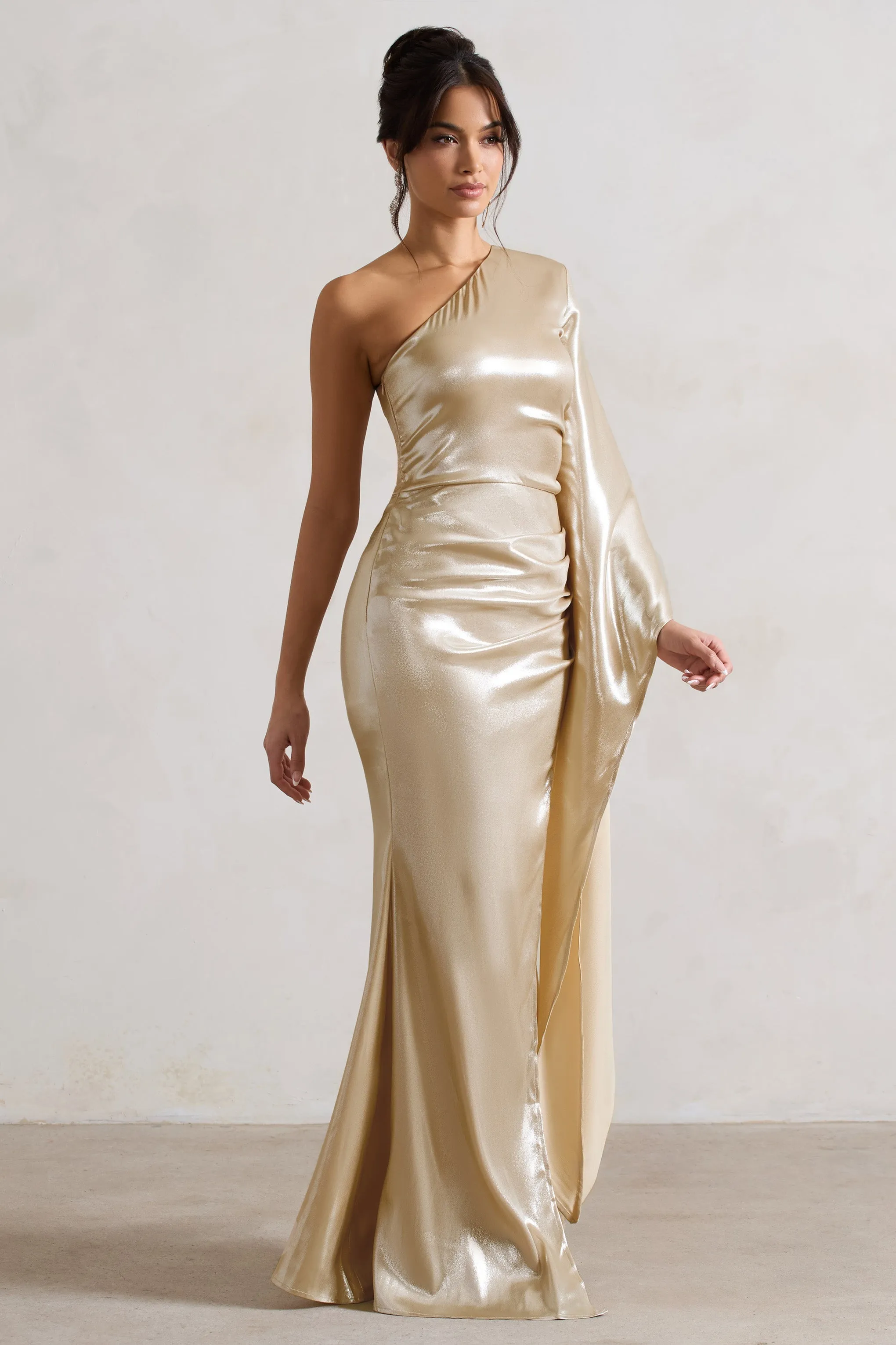 Bex | Champagne One Shoulder Cape Maxi Dress with Ruched Waist and Thigh Split