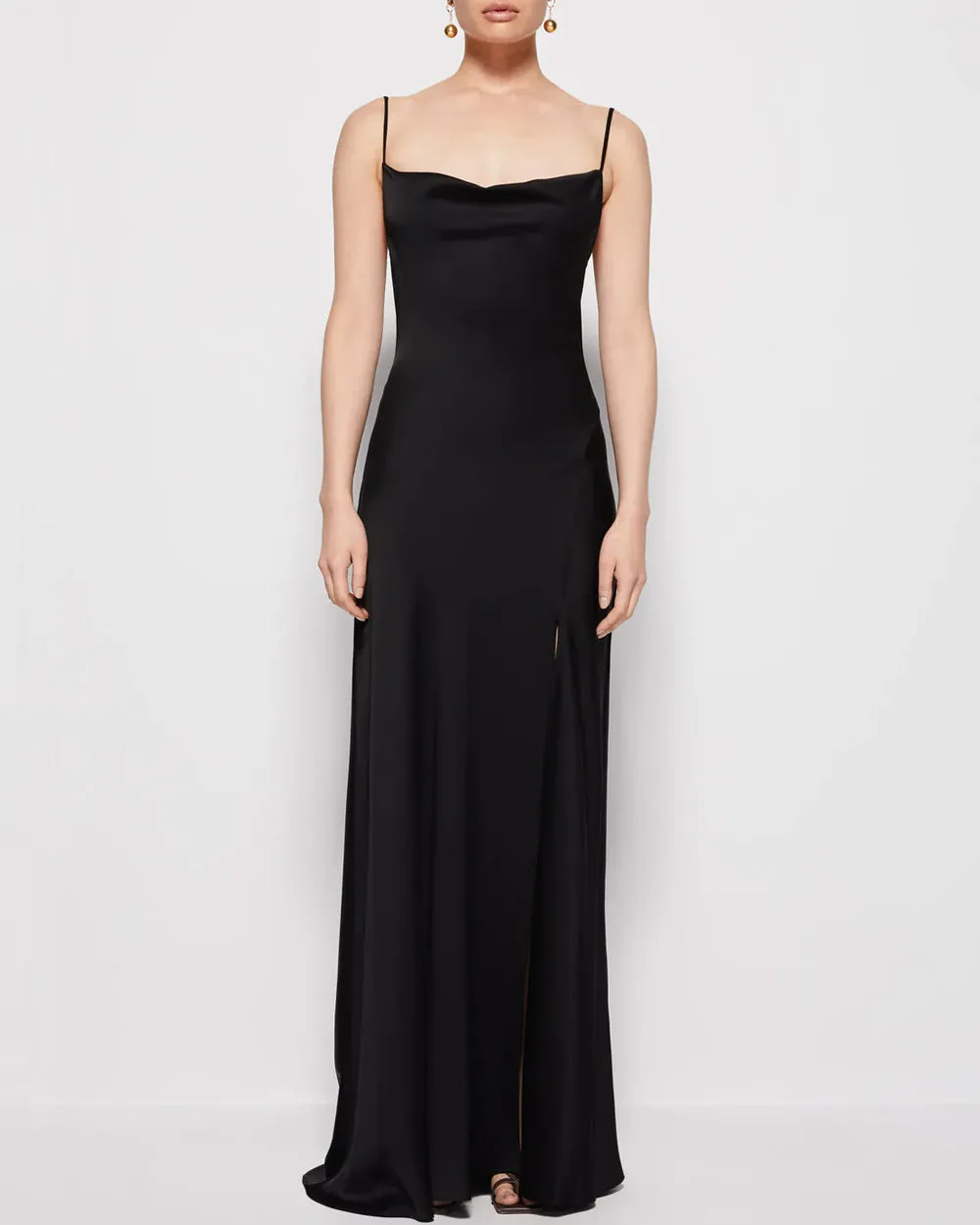 Black Satin Crepe Finley Long Cocktail Dress