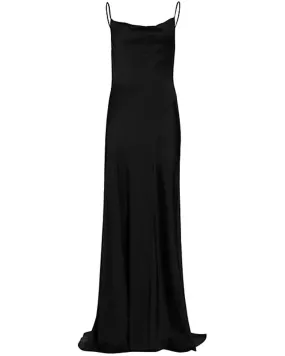 Black Satin Crepe Finley Long Cocktail Dress