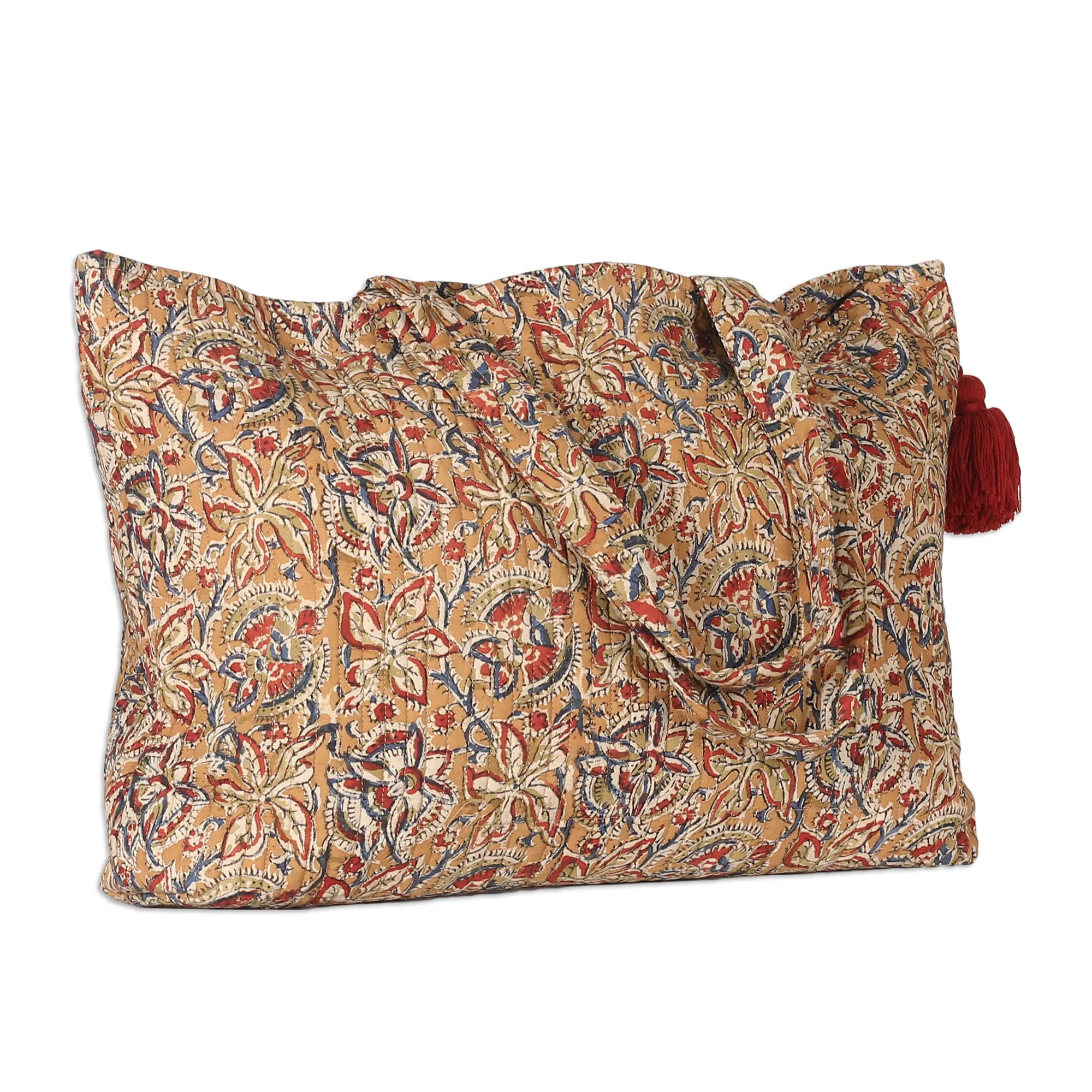 Block-Printed Floral Caramel Quilted Cotton Tote Bag, 