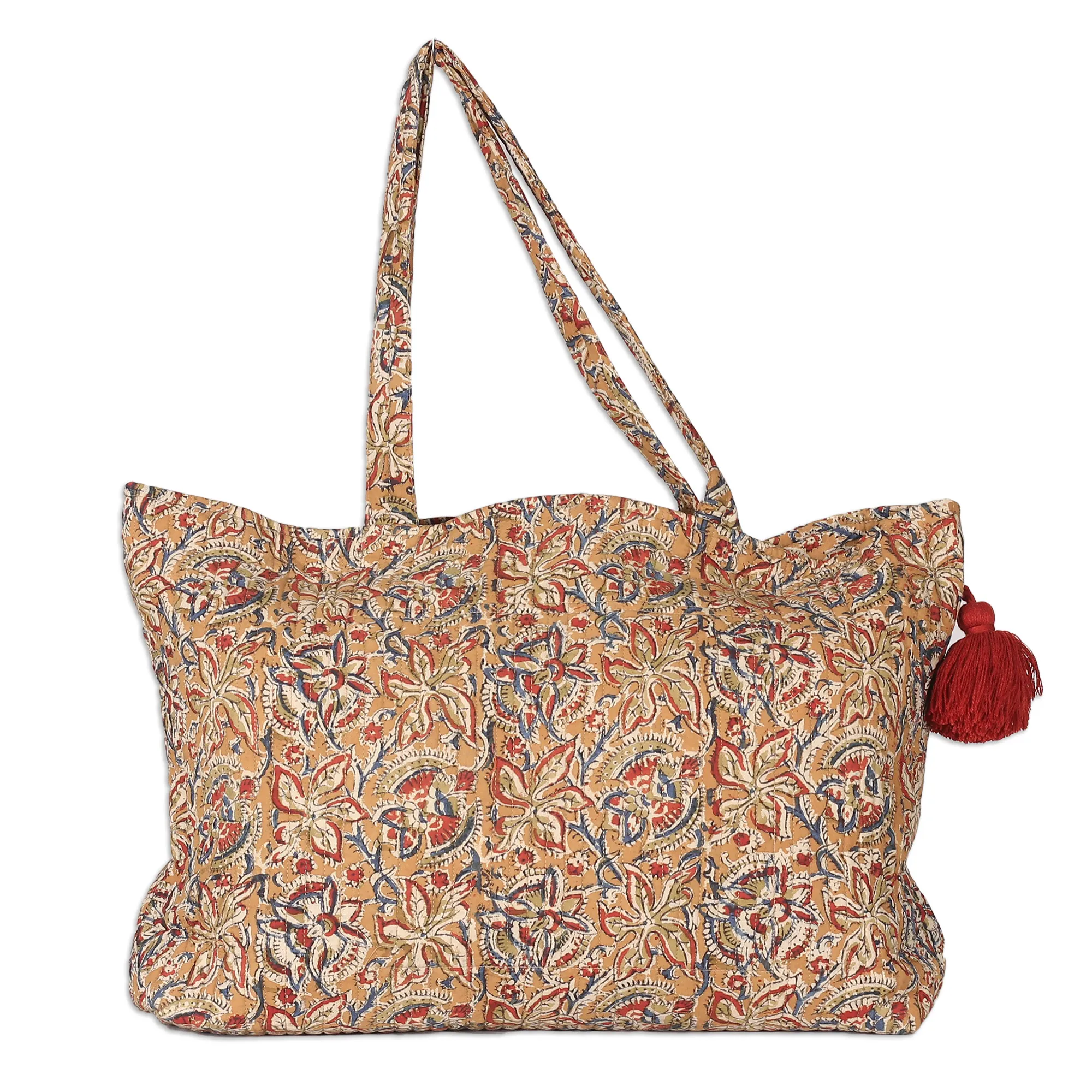 Block-Printed Floral Caramel Quilted Cotton Tote Bag, 