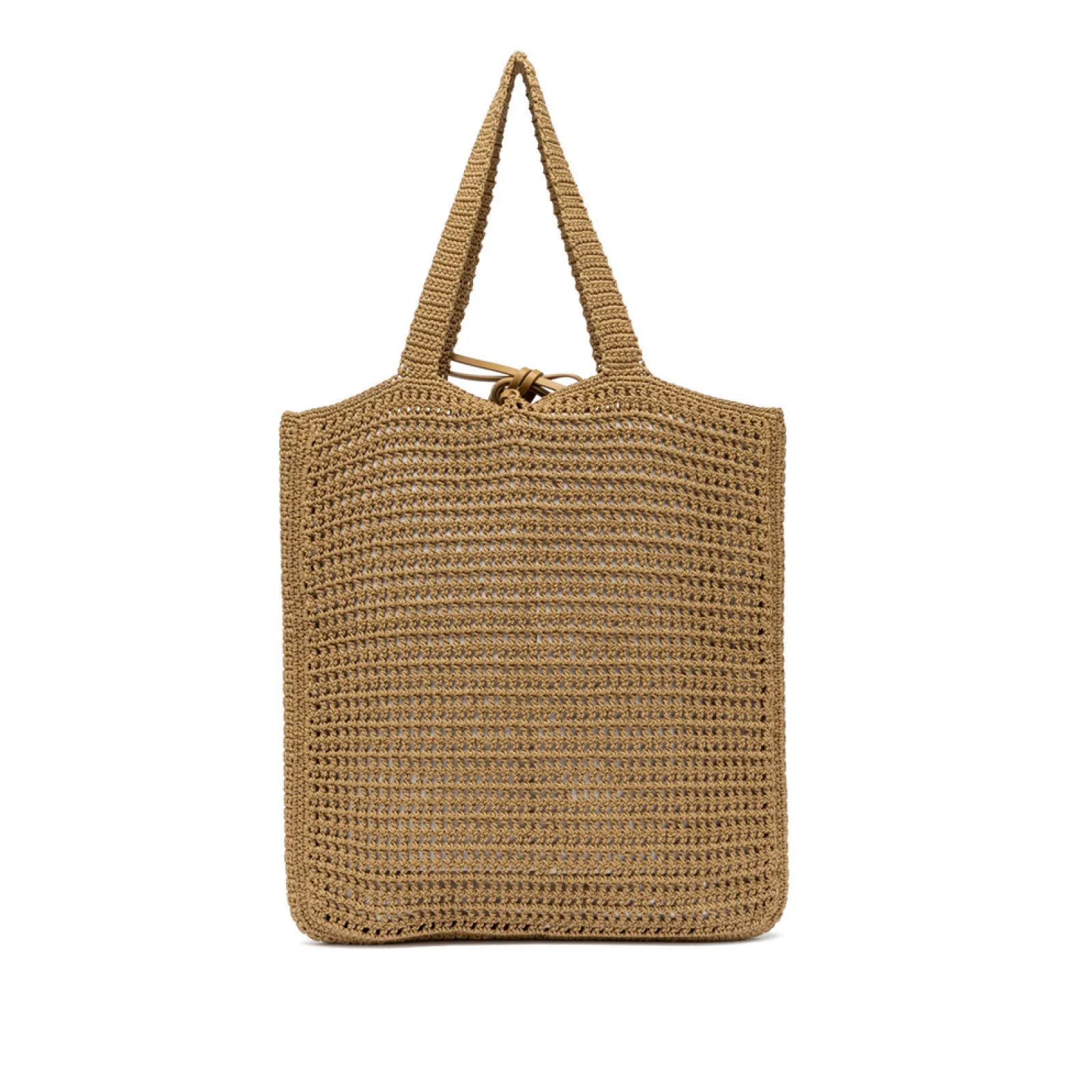 Borsa shopper in tessuto a uncinetto cammello