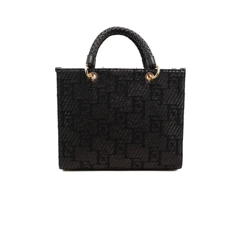 BORSA SHOPPER MEDIA IN RAFIA CON LOGO JACQUARD, NERO