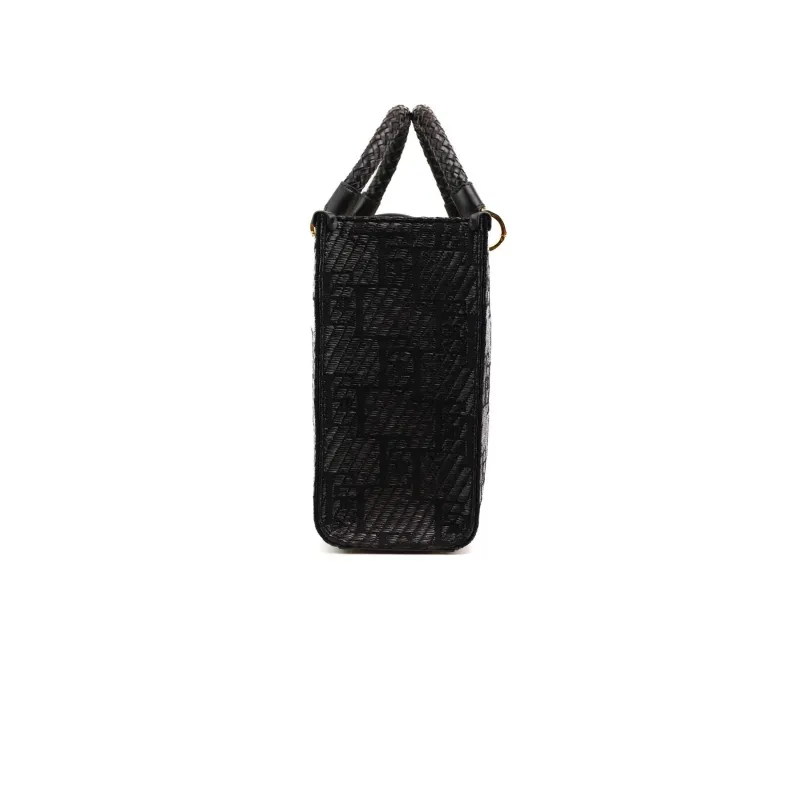 BORSA SHOPPER MEDIA IN RAFIA CON LOGO JACQUARD, NERO