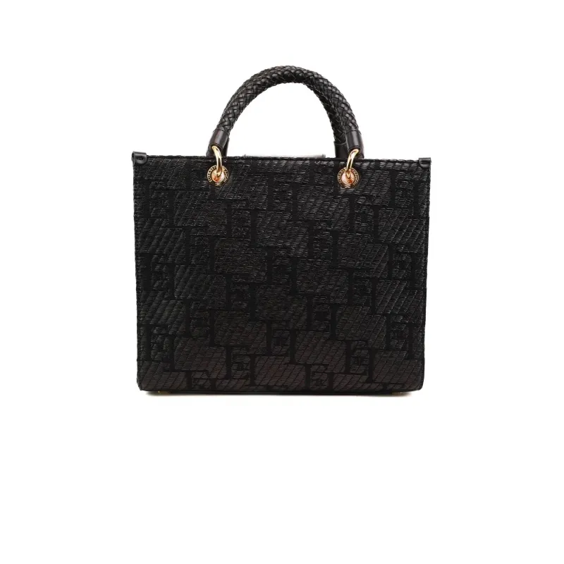 BORSA SHOPPER MEDIA IN RAFIA CON LOGO JACQUARD, NERO