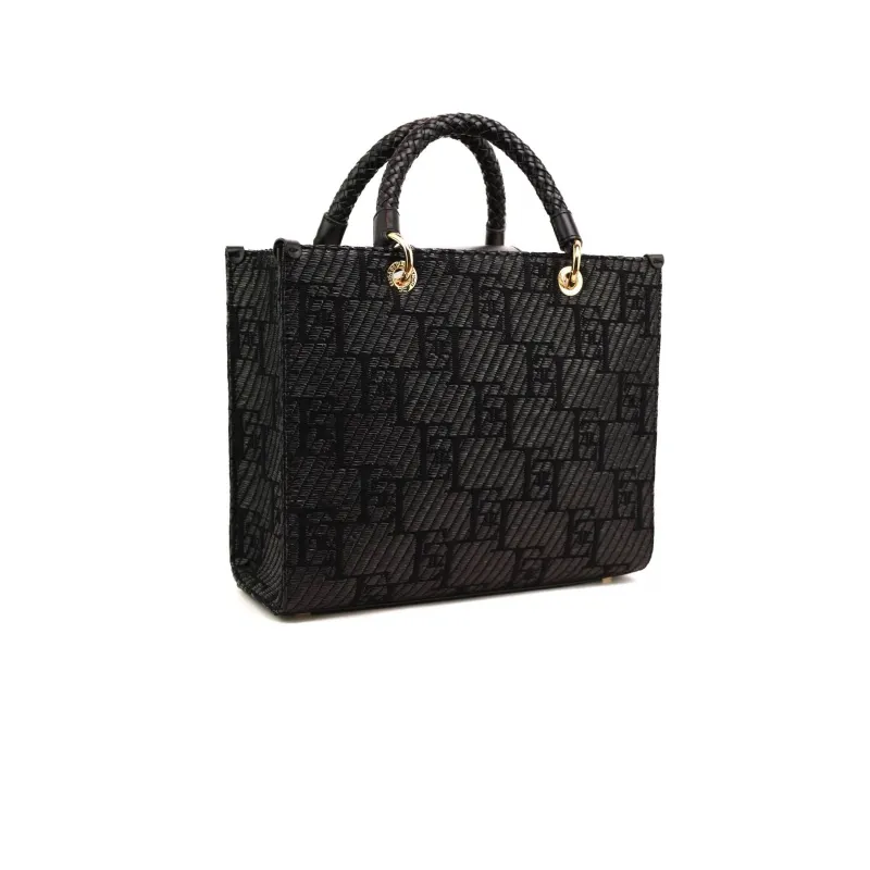 BORSA SHOPPER MEDIA IN RAFIA CON LOGO JACQUARD, NERO