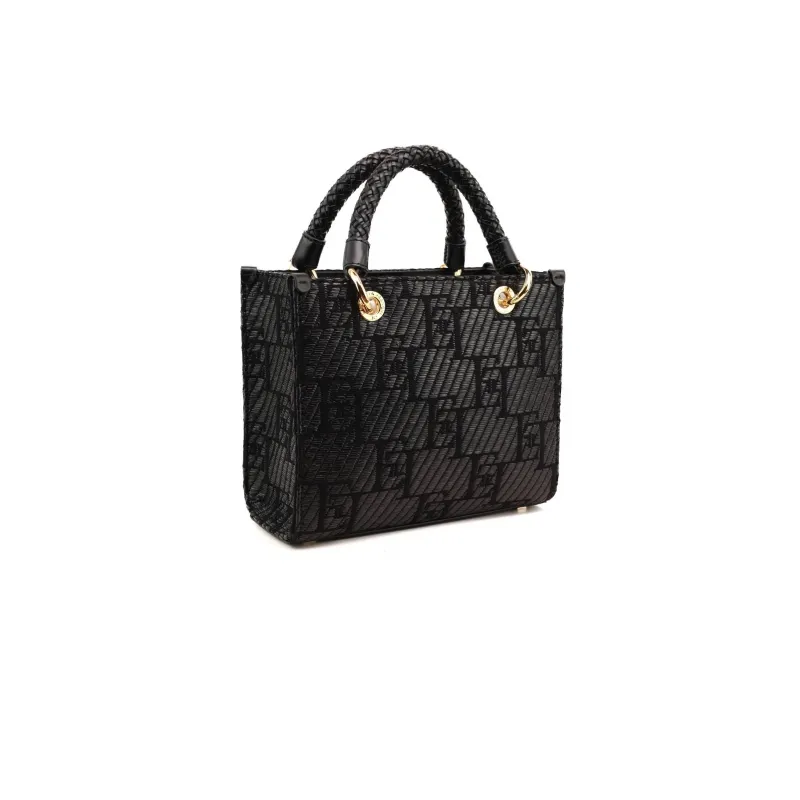 BORSA SHOPPER PICCOLA IN RAFIA CON LOGO JACQUARD, NERO