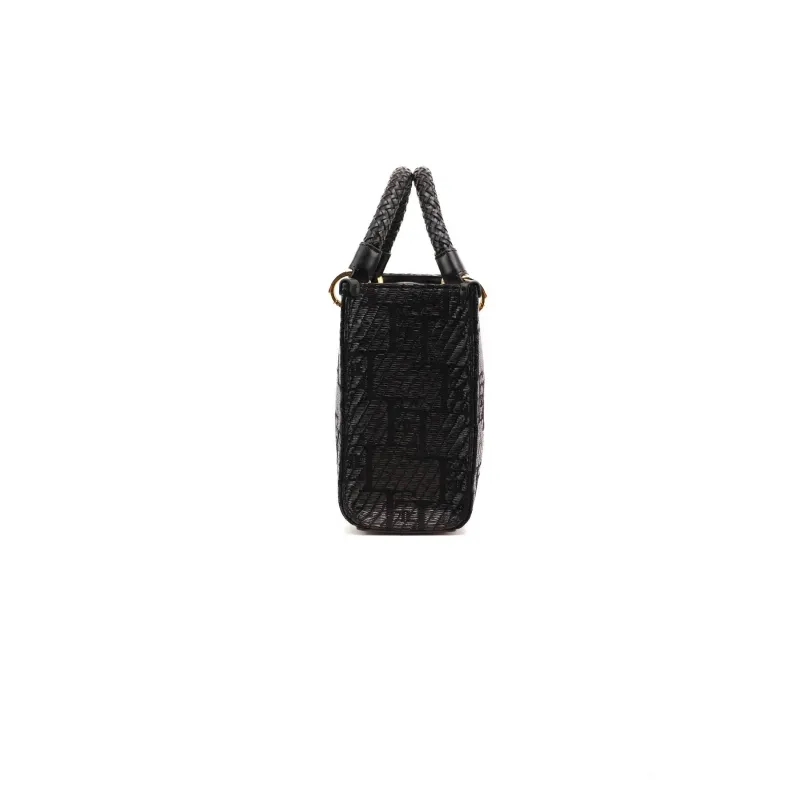 BORSA SHOPPER PICCOLA IN RAFIA CON LOGO JACQUARD, NERO