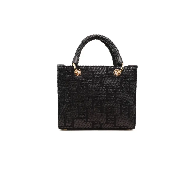 BORSA SHOPPER PICCOLA IN RAFIA CON LOGO JACQUARD, NERO