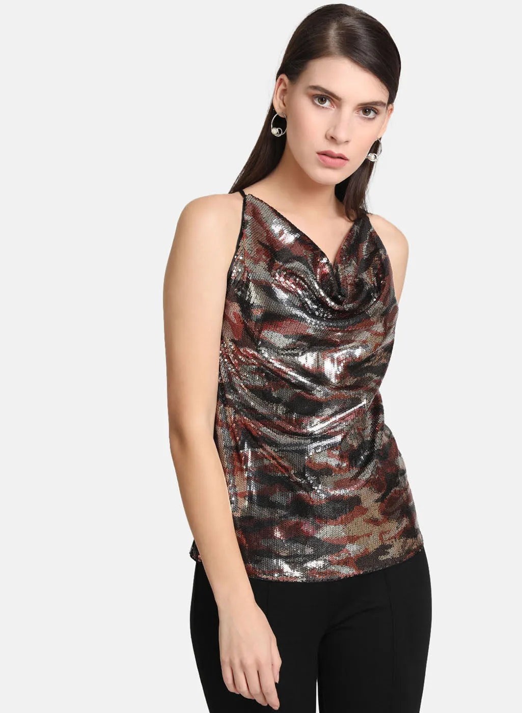 Camo Sequin Cowl Top