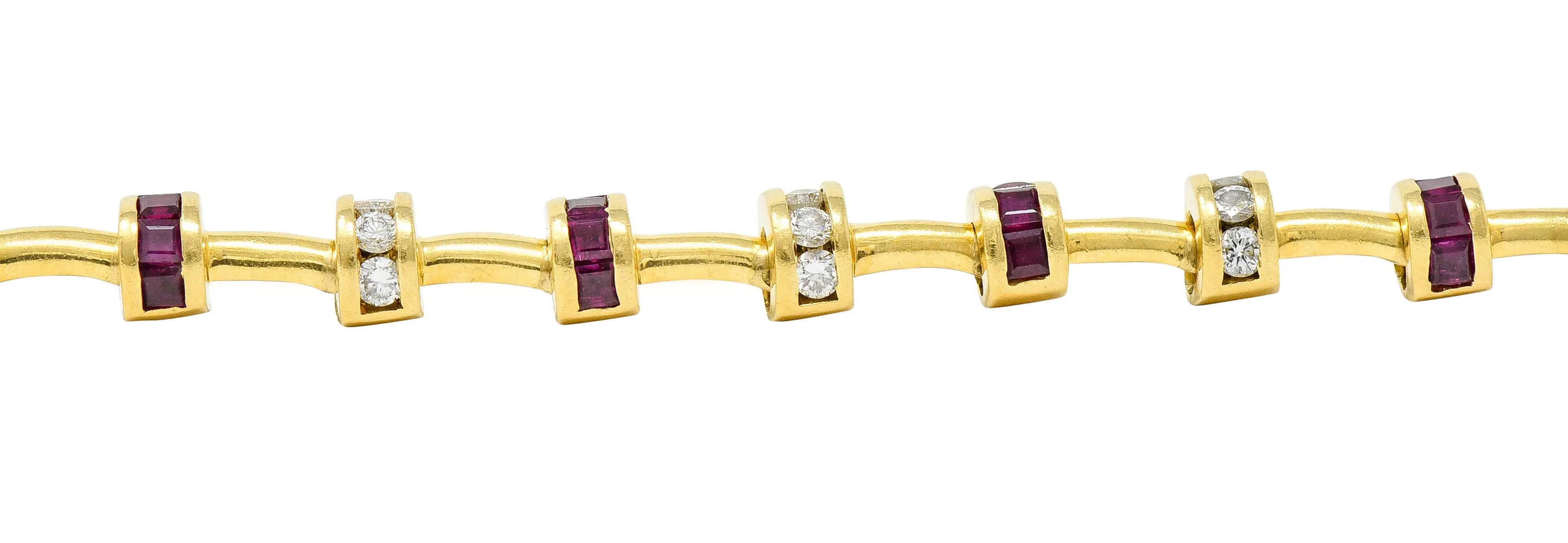 Charles Krypell 6.00 CTW Diamond Ruby 18 Karat Gold Barrel Link Bracelet