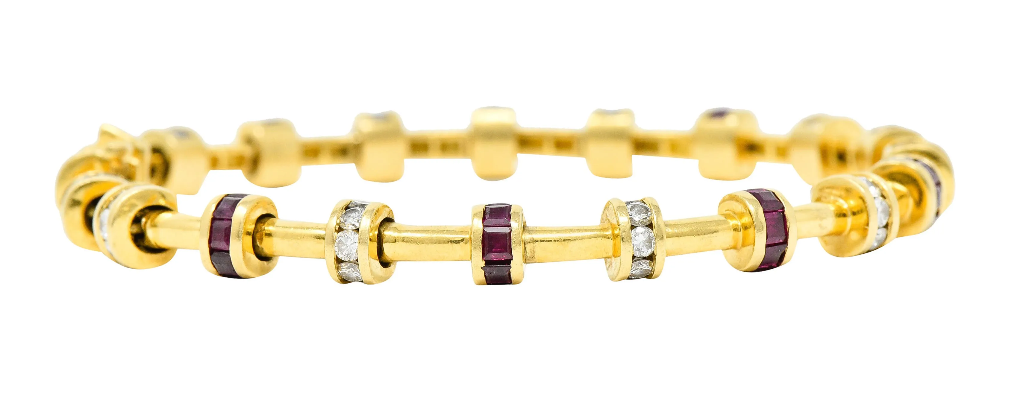 Charles Krypell 6.00 CTW Diamond Ruby 18 Karat Gold Barrel Link Bracelet