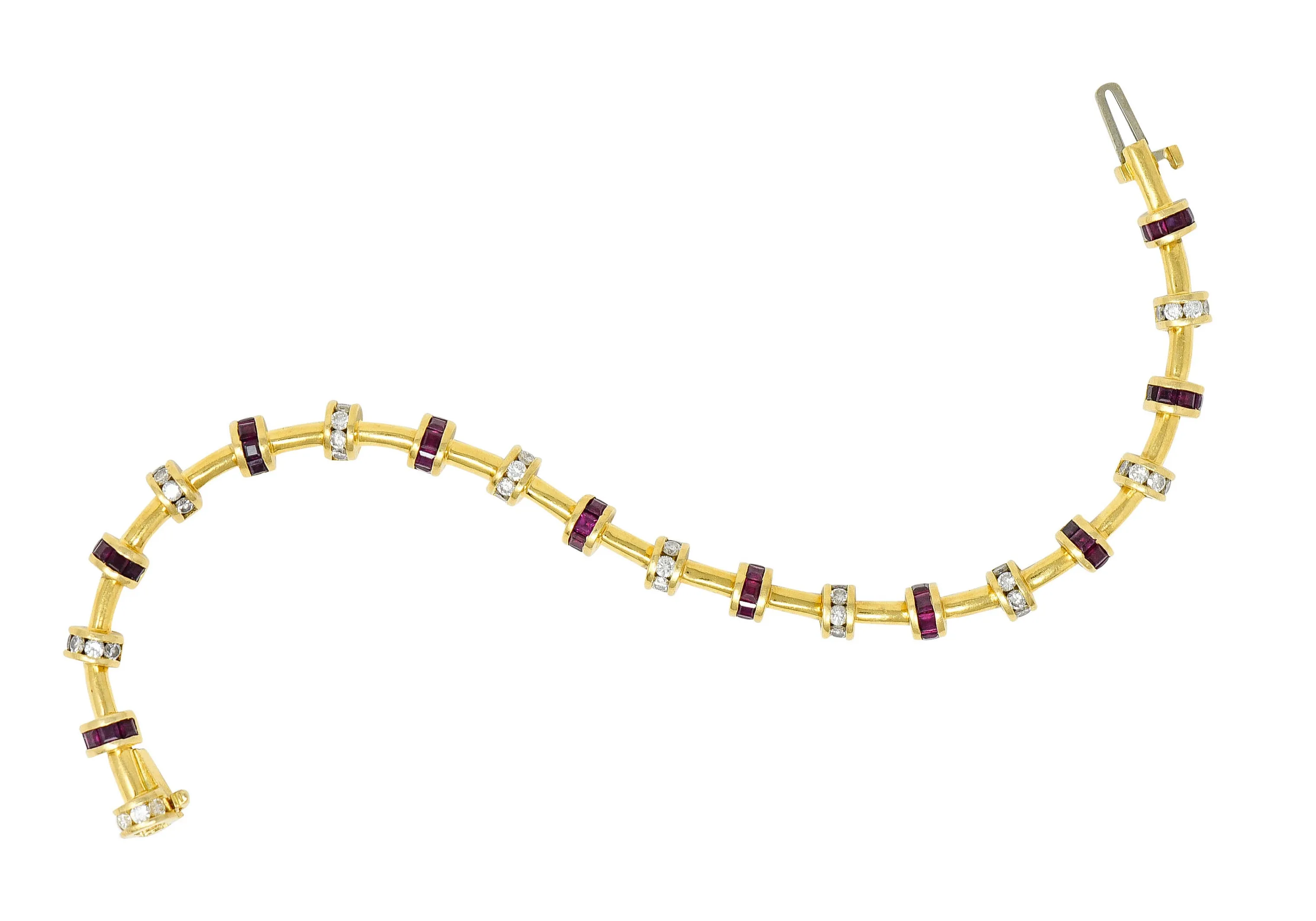 Charles Krypell 6.00 CTW Diamond Ruby 18 Karat Gold Barrel Link Bracelet