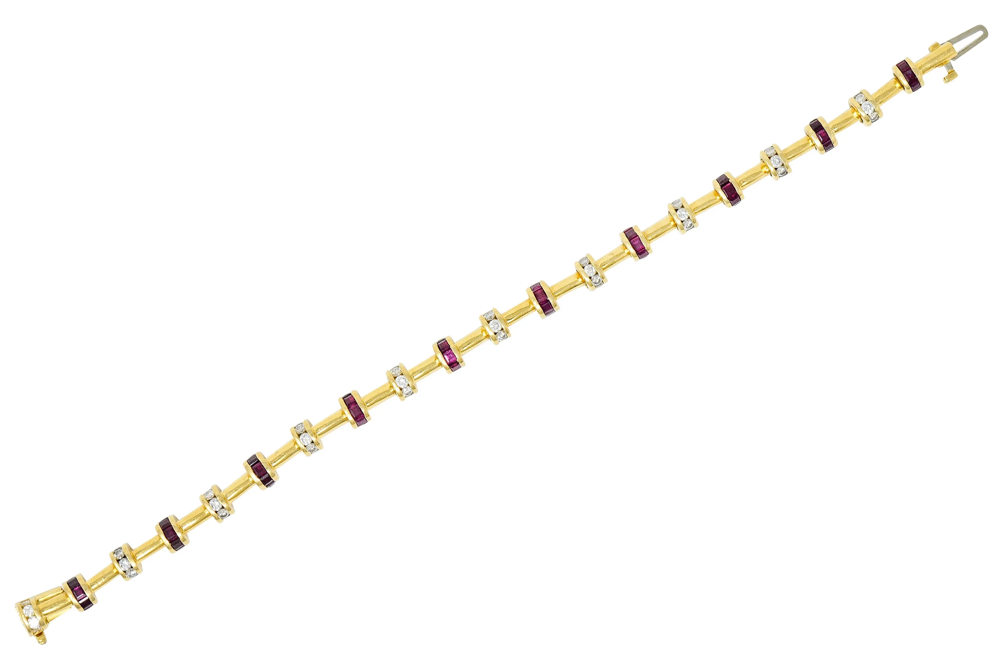 Charles Krypell 6.00 CTW Diamond Ruby 18 Karat Gold Barrel Link Bracelet