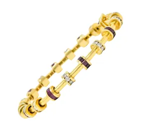 Charles Krypell 6.00 CTW Diamond Ruby 18 Karat Gold Barrel Link Bracelet