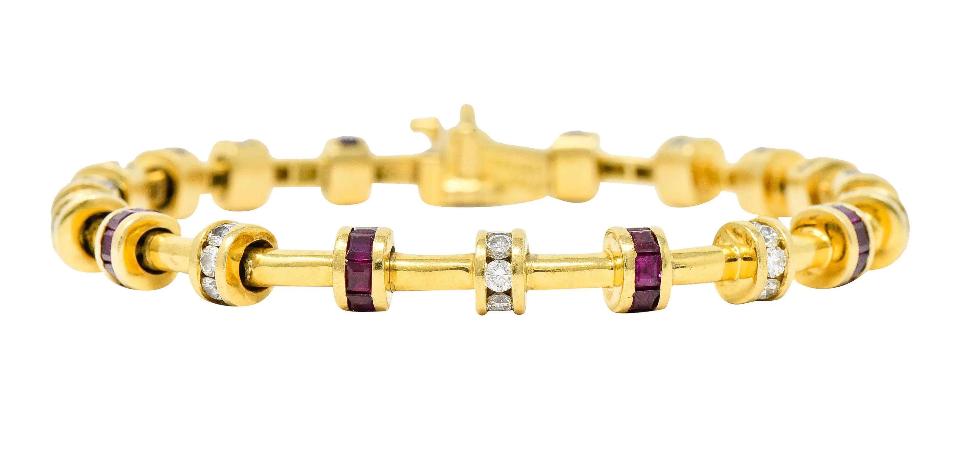 Charles Krypell 6.00 CTW Diamond Ruby 18 Karat Gold Barrel Link Bracelet