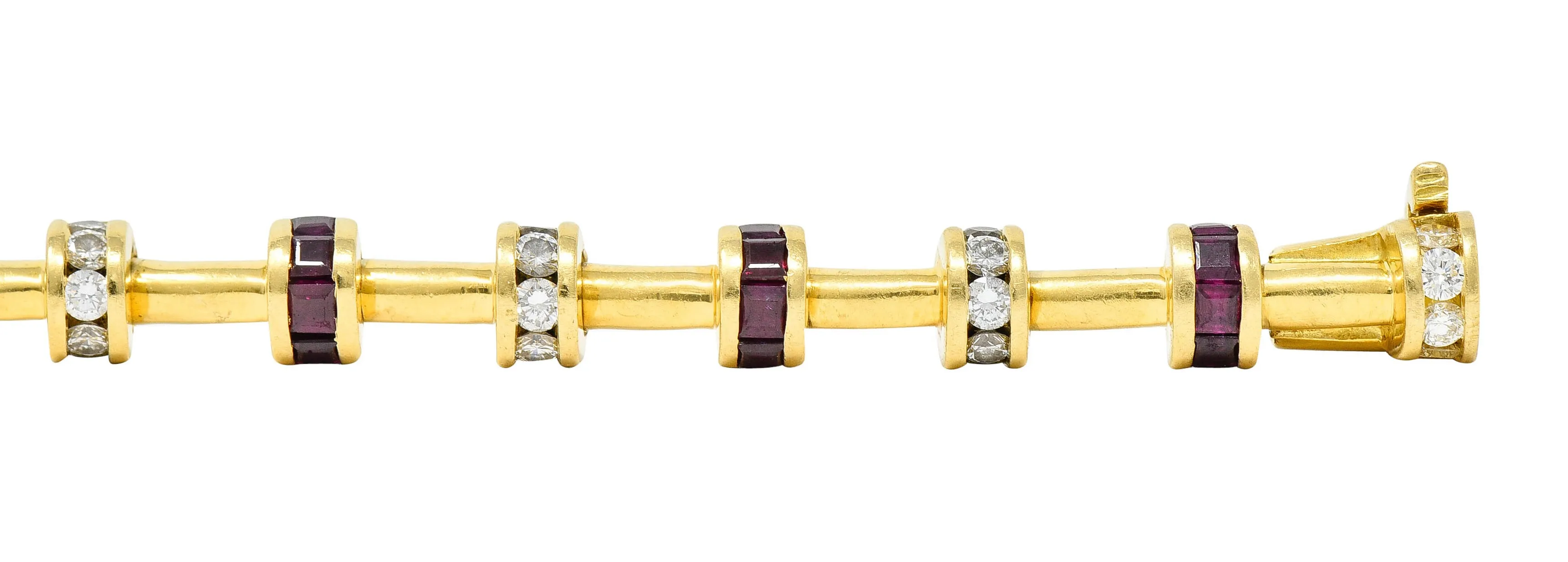 Charles Krypell 6.00 CTW Diamond Ruby 18 Karat Gold Barrel Link Bracelet