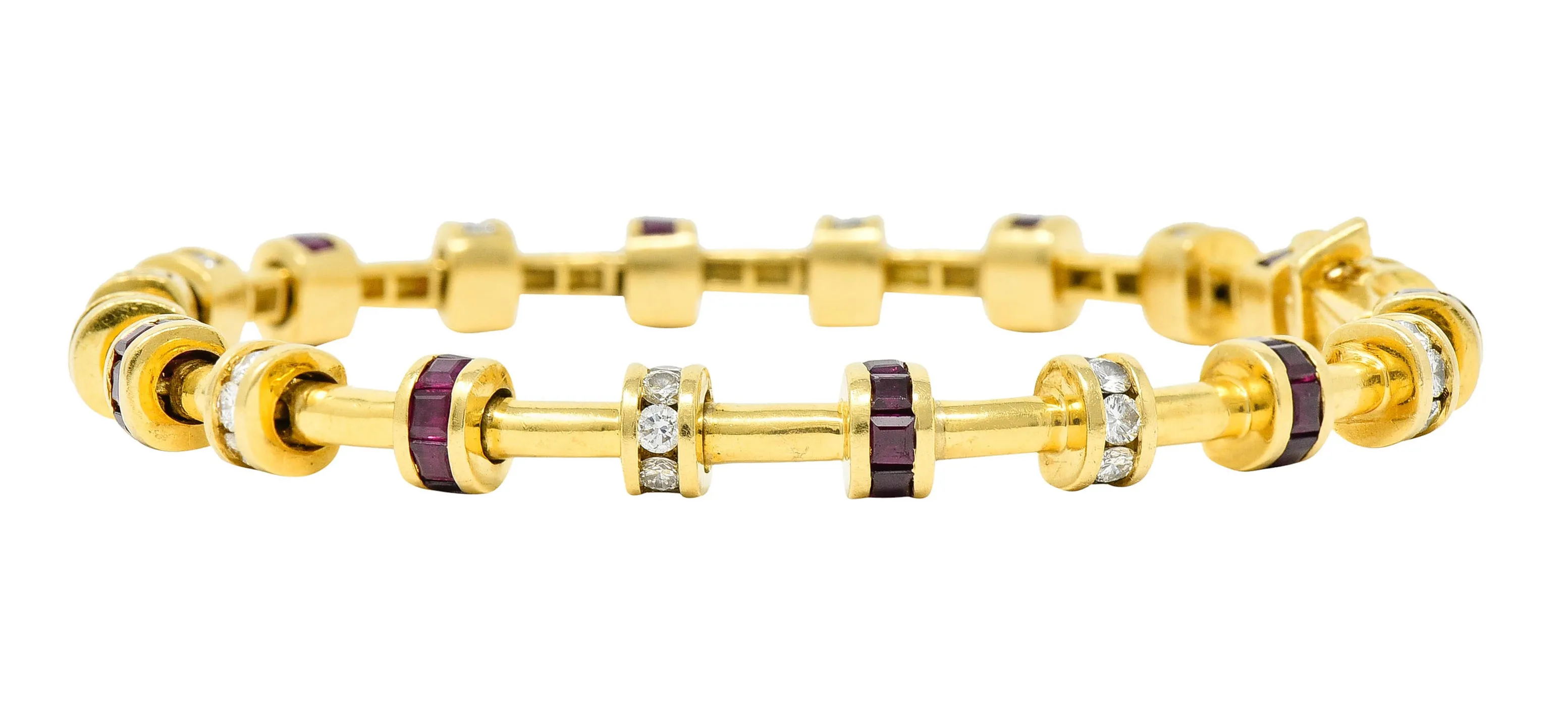 Charles Krypell 6.00 CTW Diamond Ruby 18 Karat Gold Barrel Link Bracelet