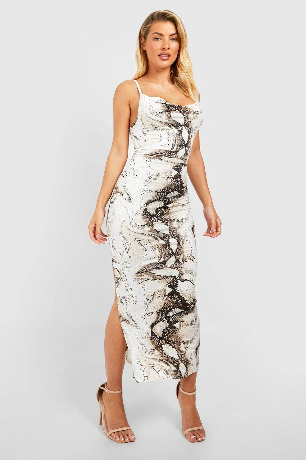 Cowl Neck Snake Print Midi Dress