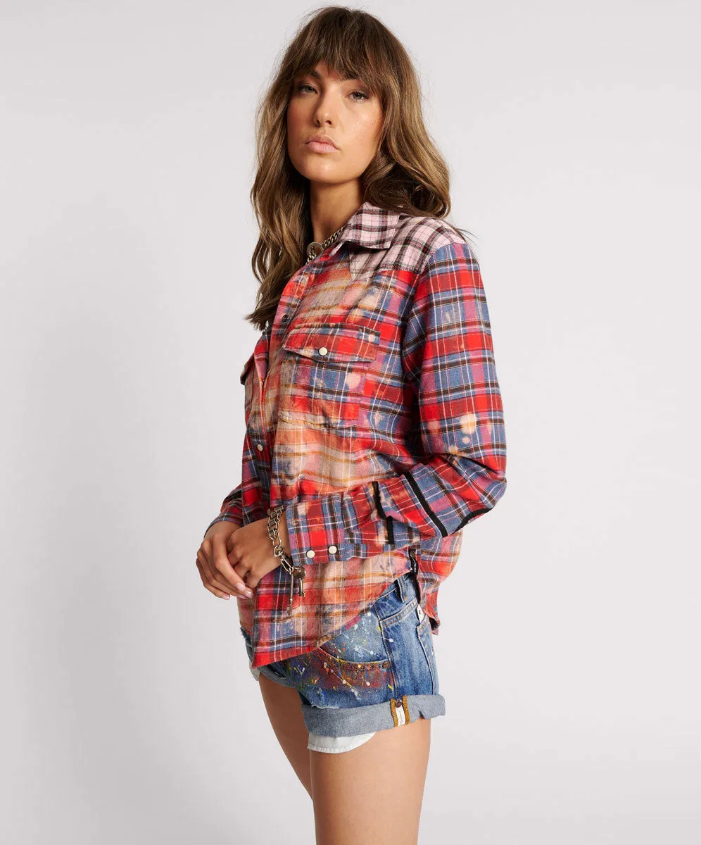 Distressed Flannel Western Shirt - Red