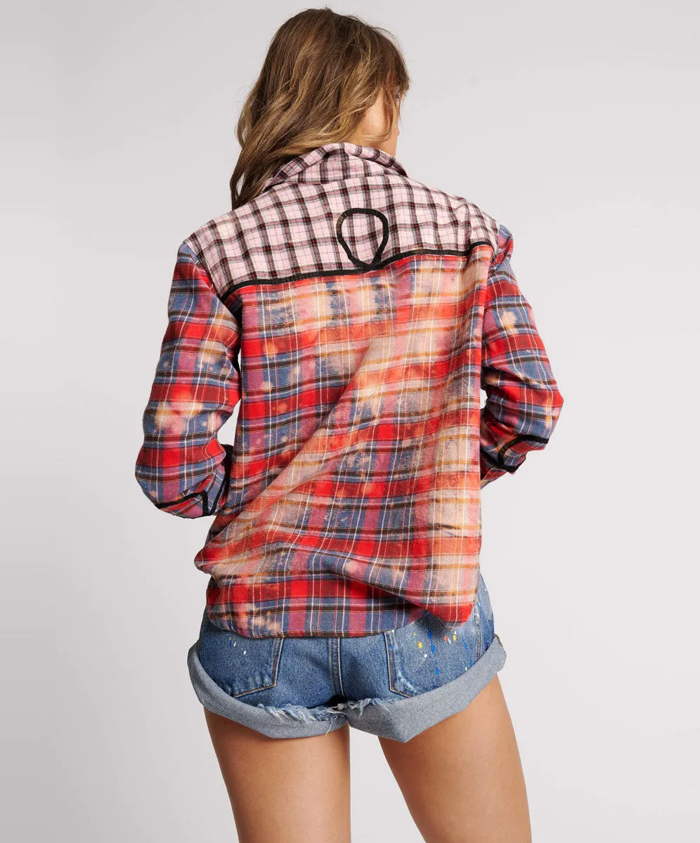 Distressed Flannel Western Shirt - Red