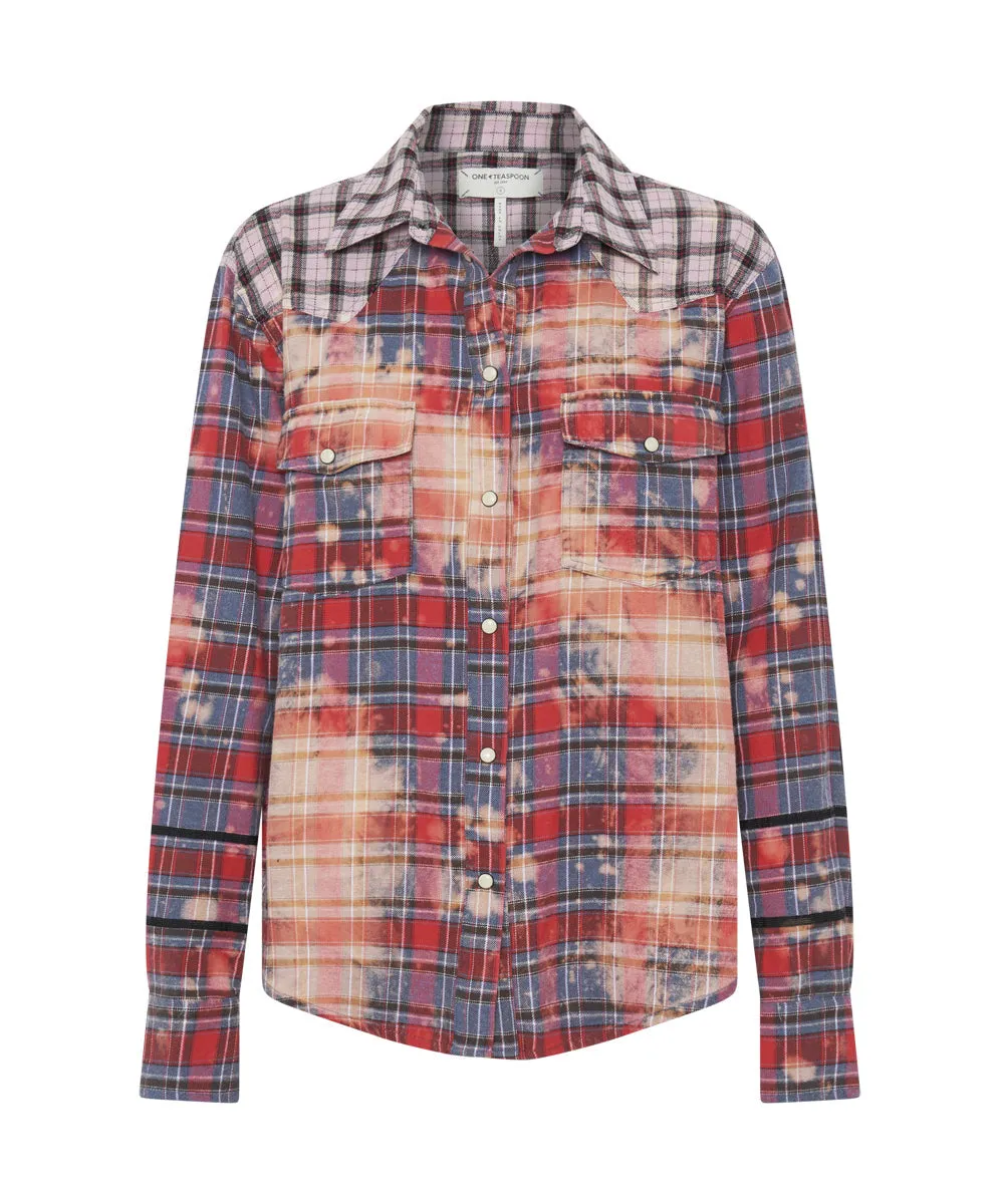 Distressed Flannel Western Shirt - Red