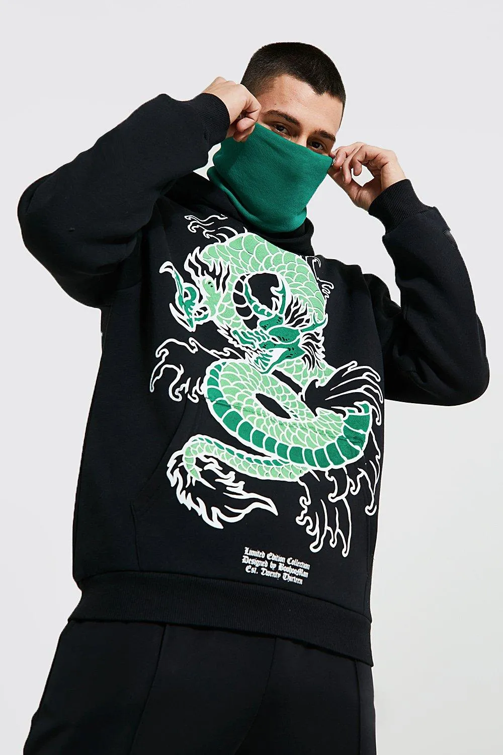 Dragon Graphic Contrast Snood Hoodie