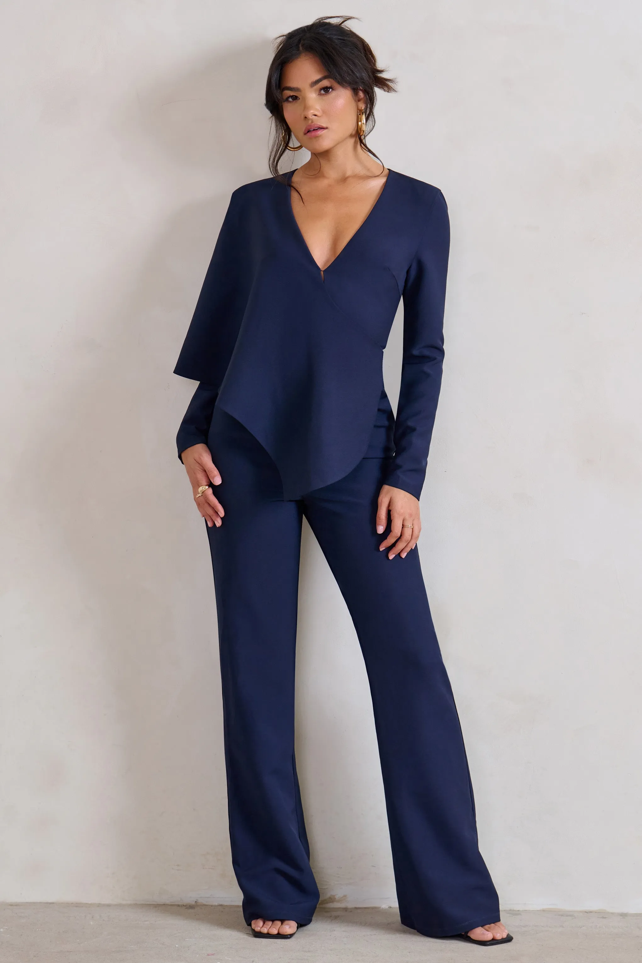 Erika | Navy Plunge Jumpsuit with One-Shoulder Cape Overlay