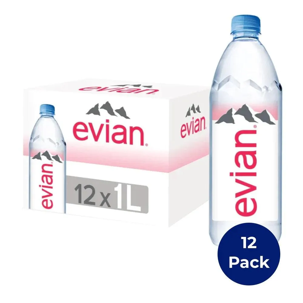 Evian Natural Mineral Water 1L Bottles Box of 12 Bulk