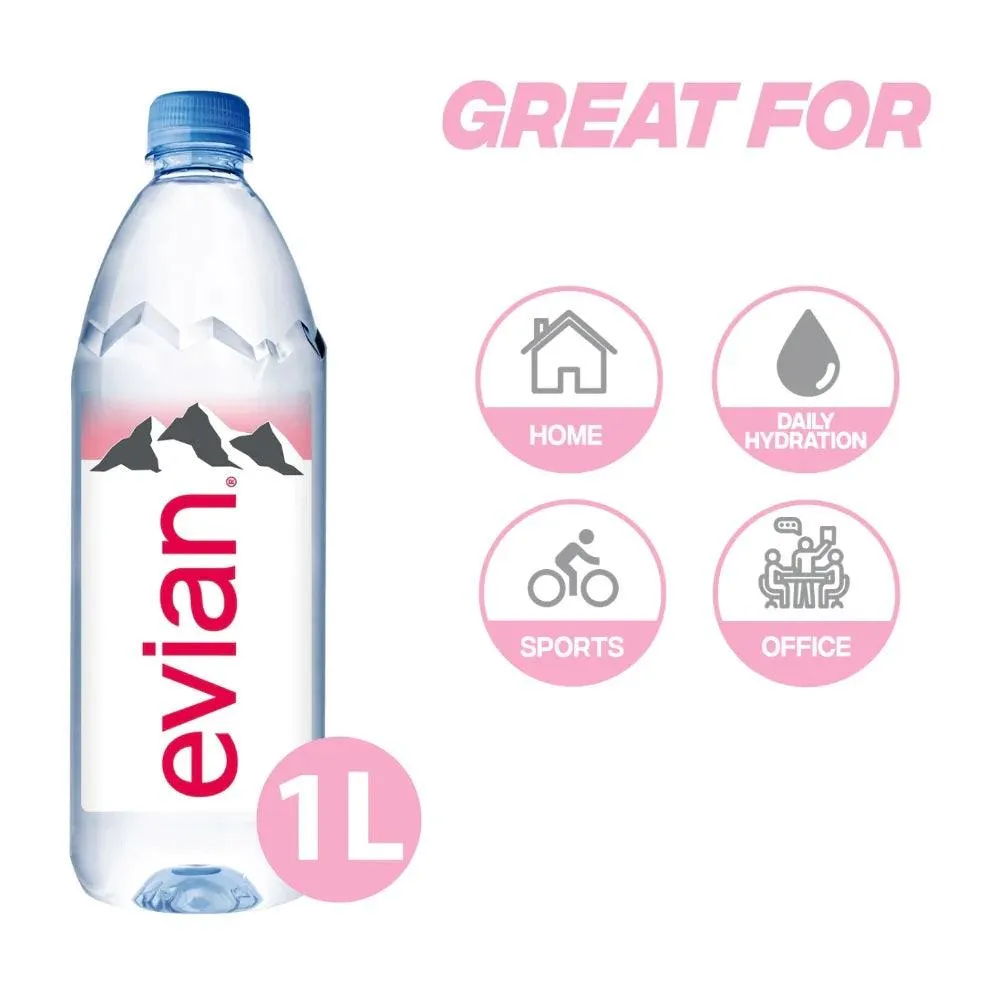 Evian Natural Mineral Water 1L Bottles Box of 12 Bulk