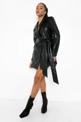 Faux Leather Obi Waist Blazer Dress