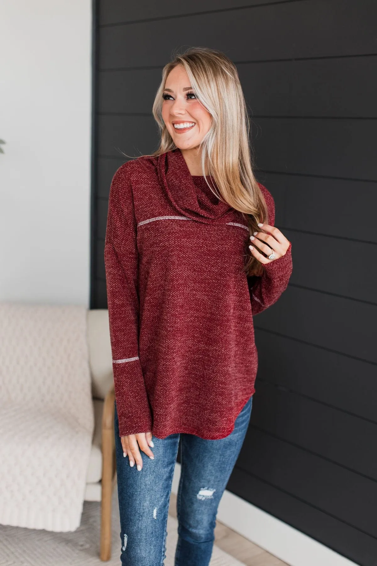 Feeling Flattered Cowl Neck Top- Burgundy