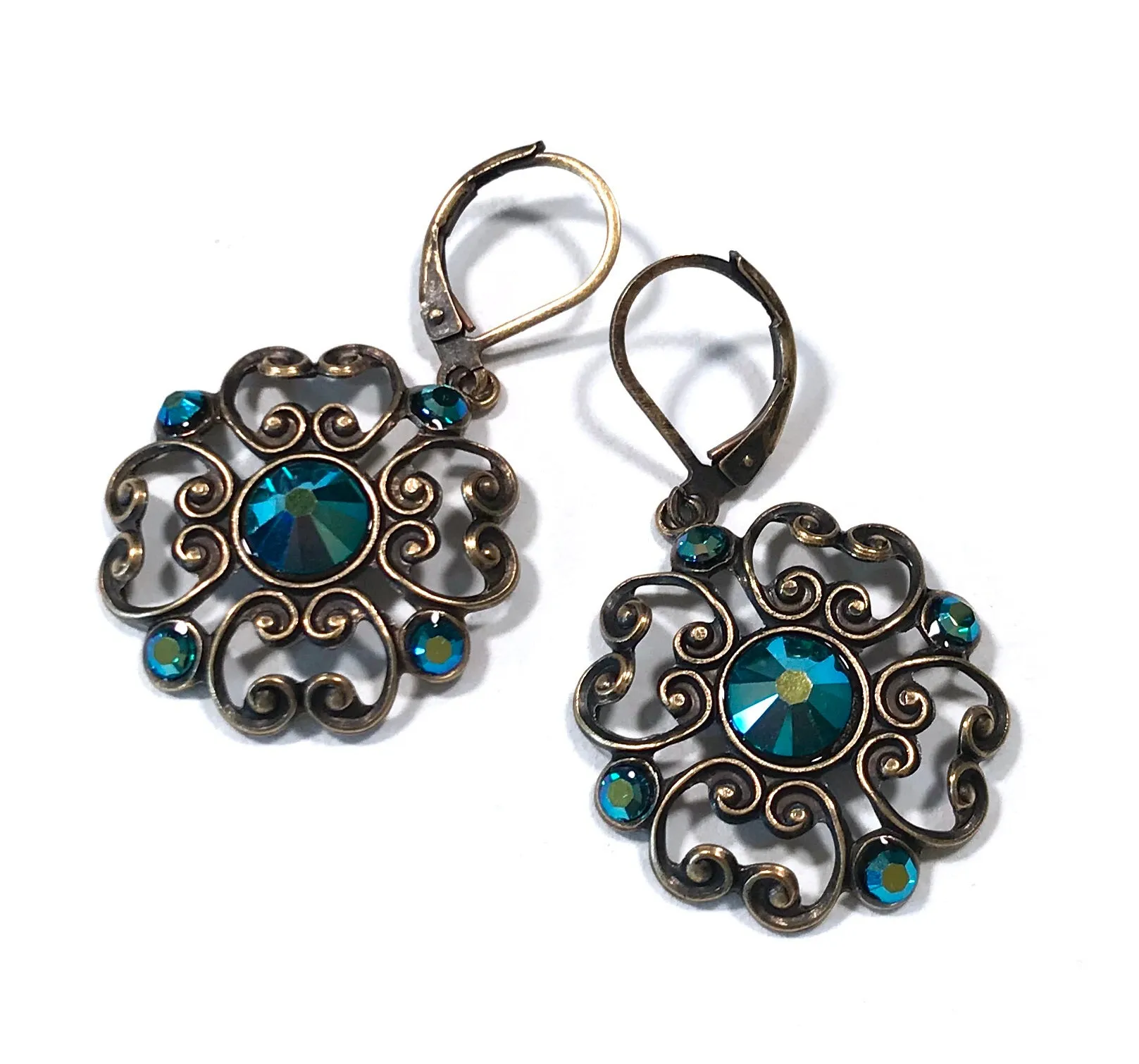 Filigree Earrings - Emerald AB  Crystal - Brass Leverbacks