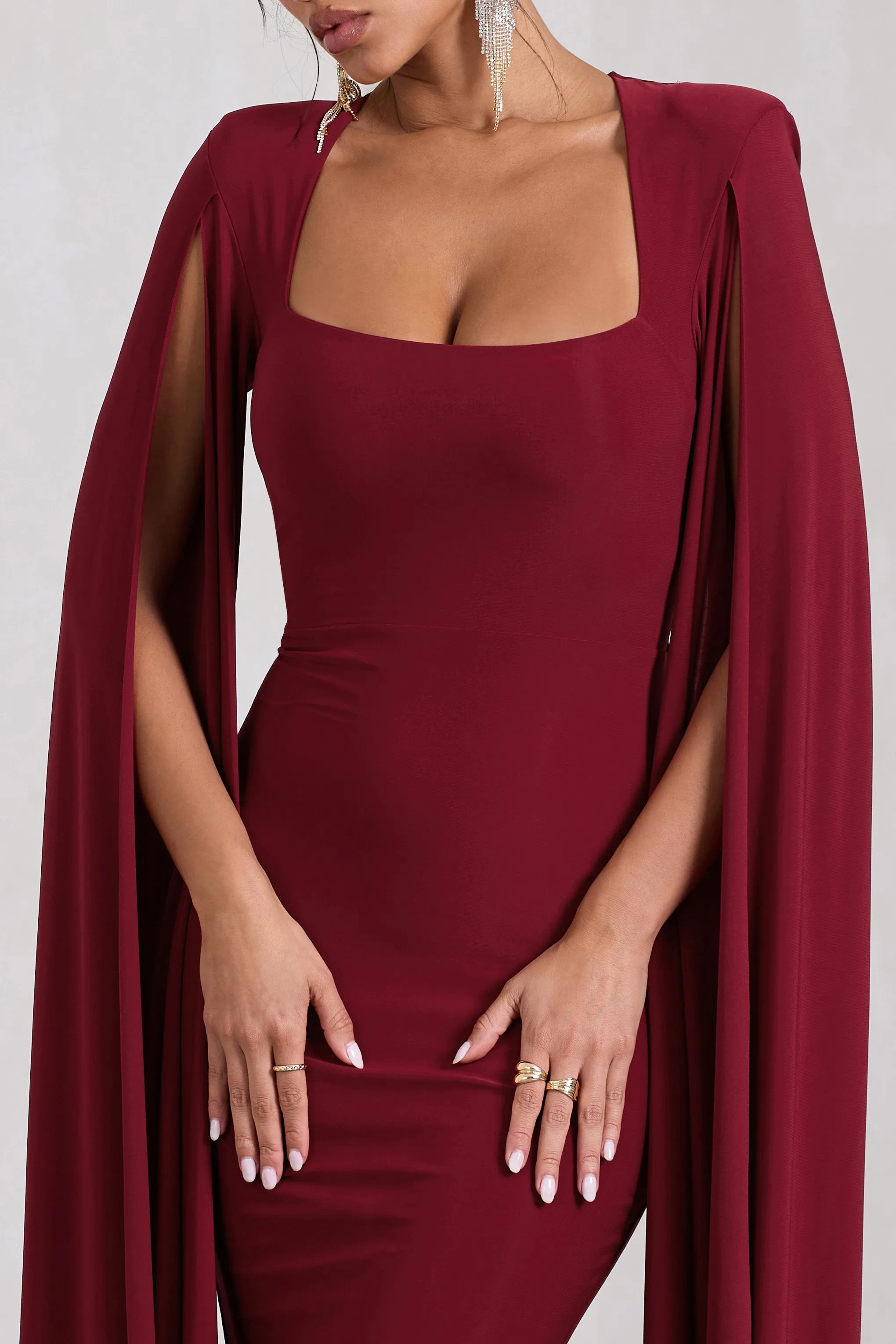 Flawless | Berry Square Neck Midi Dress With Cape Sleeves