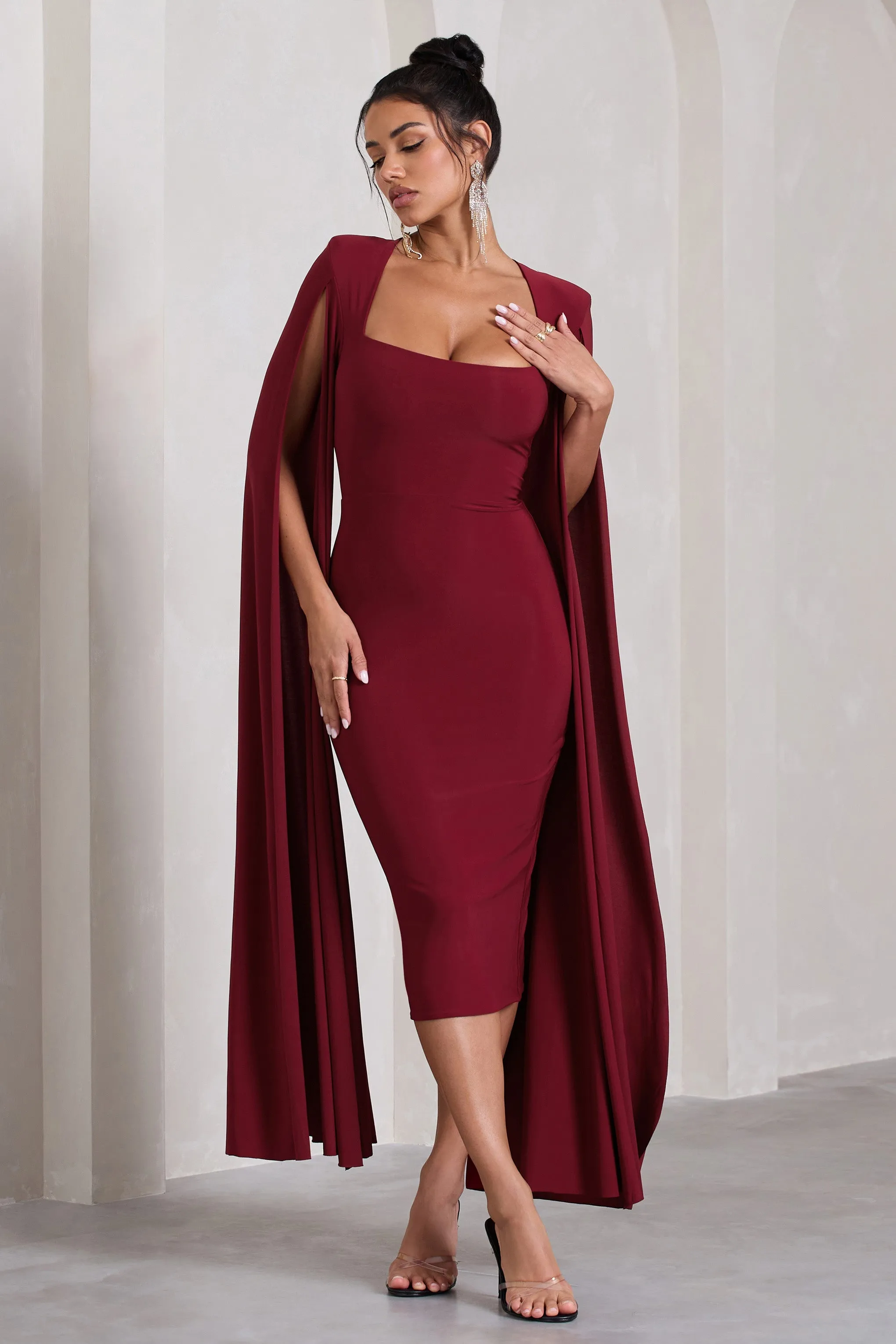 Flawless | Berry Square Neck Midi Dress With Cape Sleeves