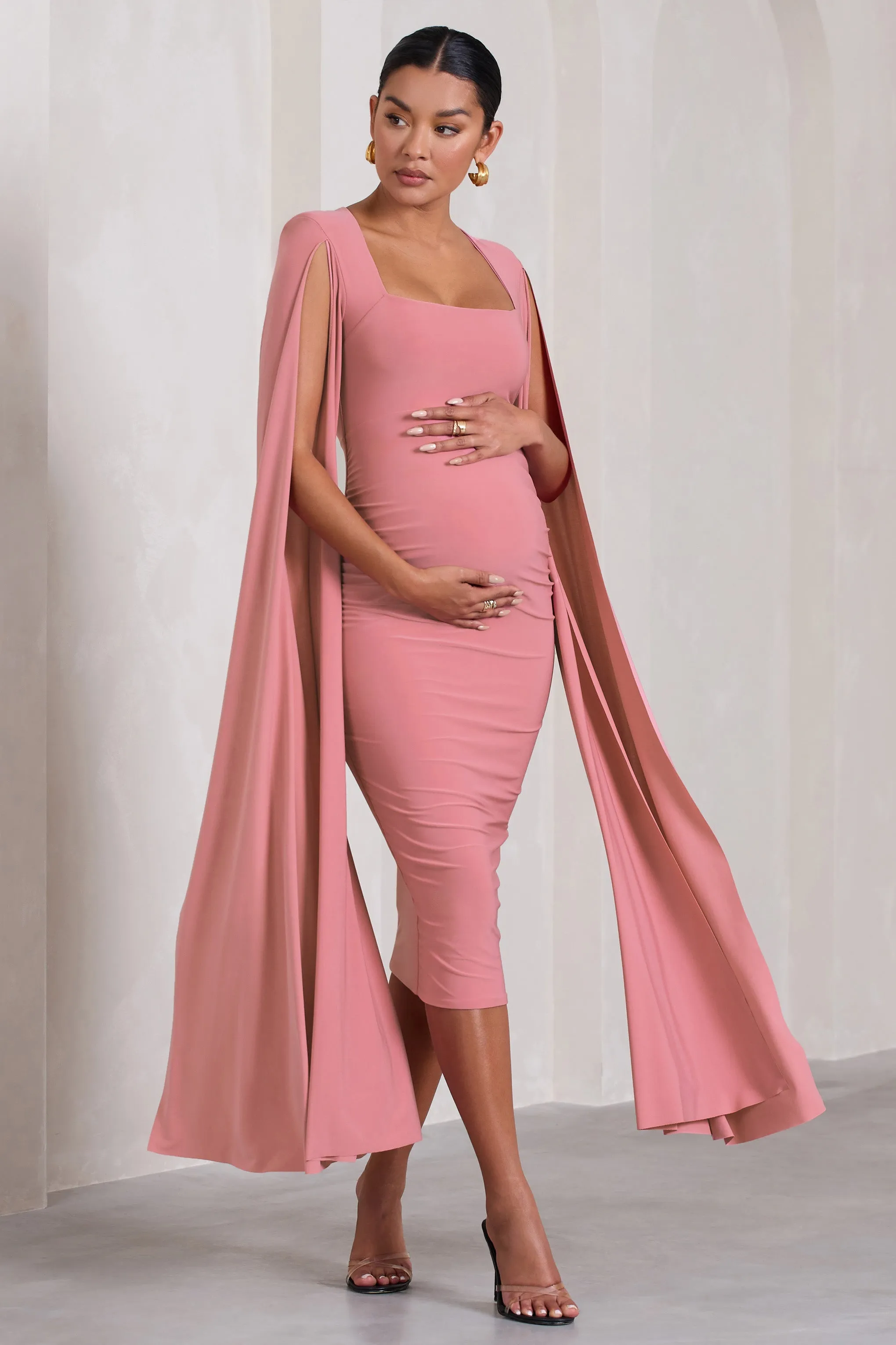 Flawless | Blush Pink Maternity Square Neck Midi Dress With Cape Sleeves