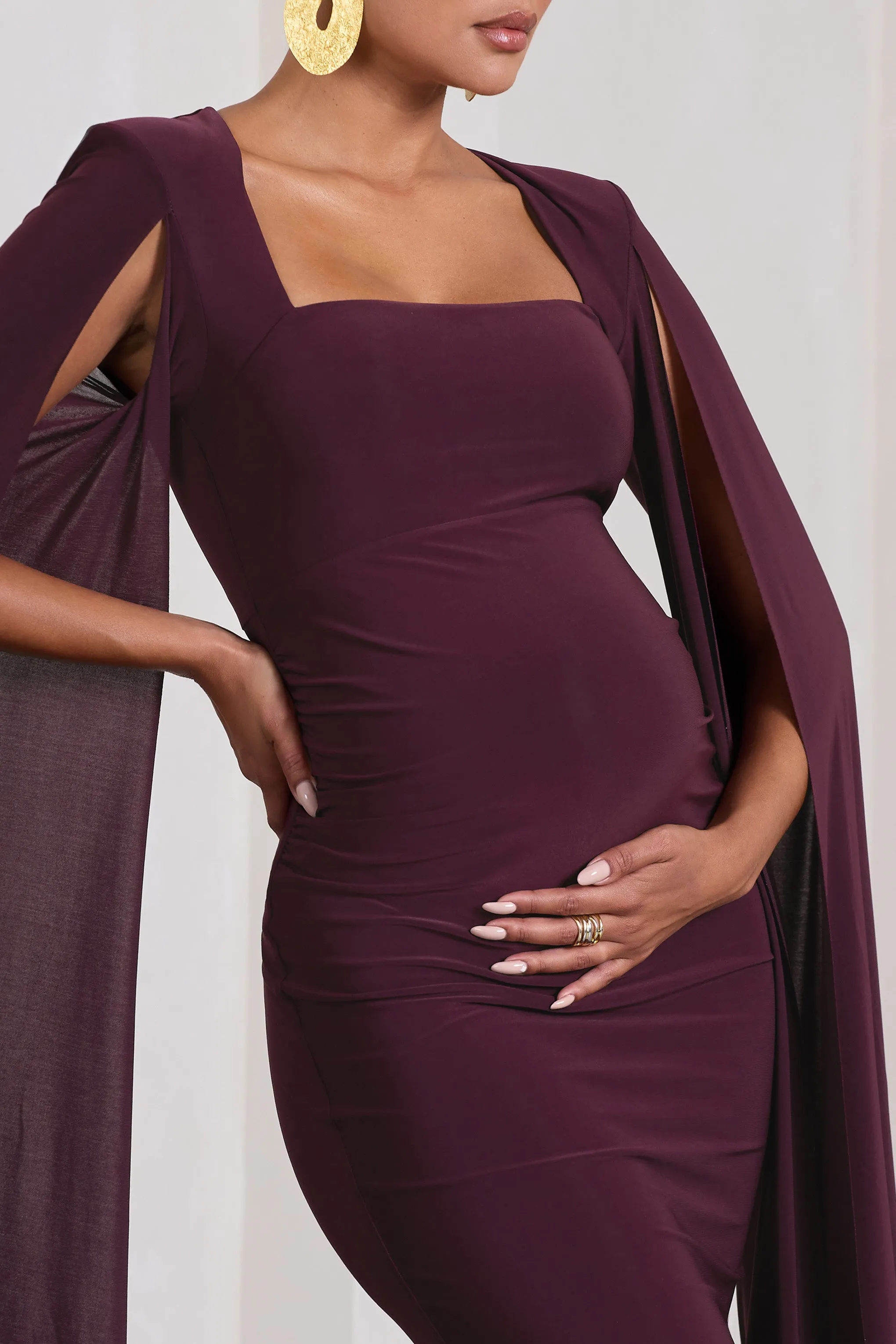 Flawless | Plum Maternity Square Neck Midi Dress With Cape Sleeves