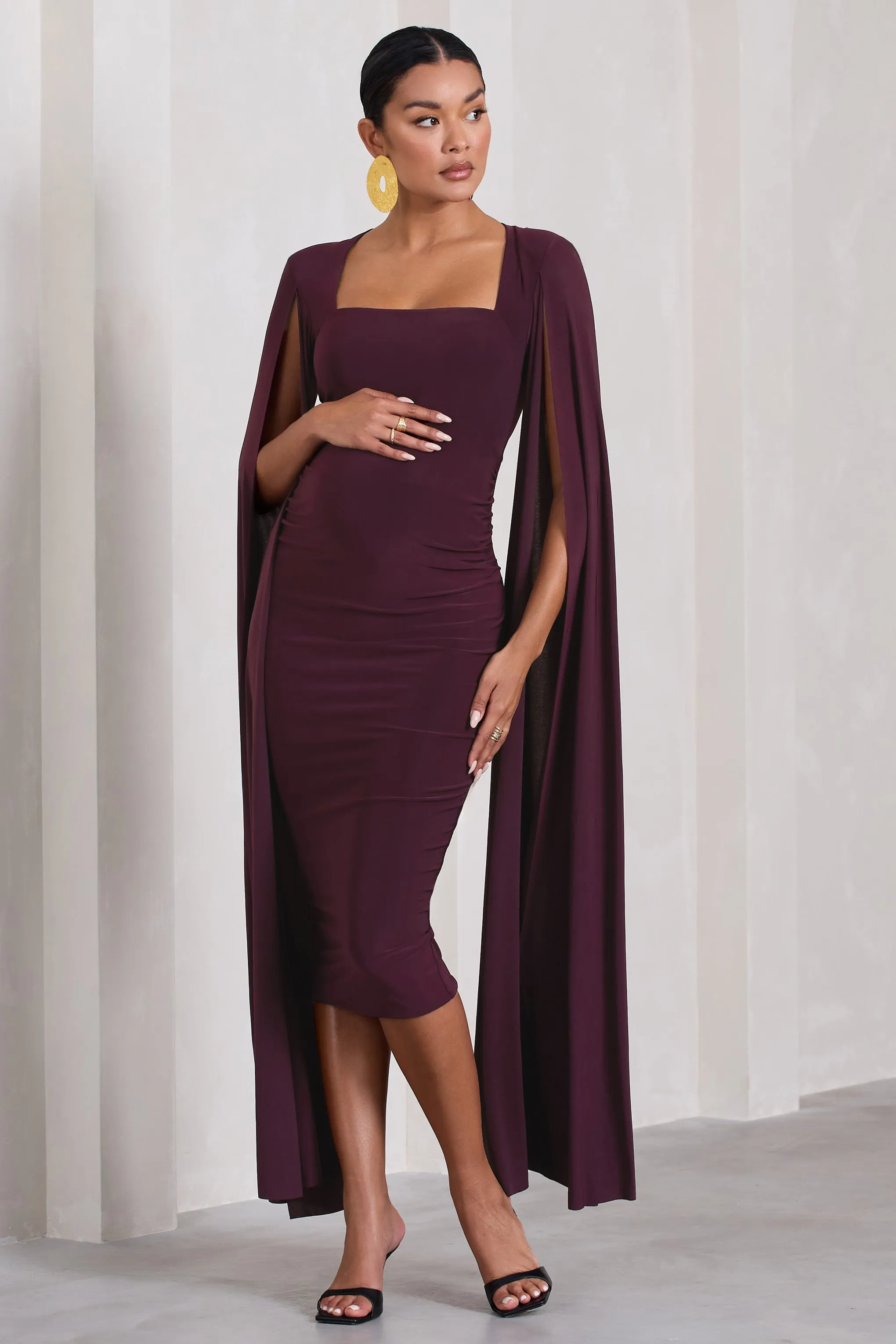 Flawless | Plum Maternity Square Neck Midi Dress With Cape Sleeves